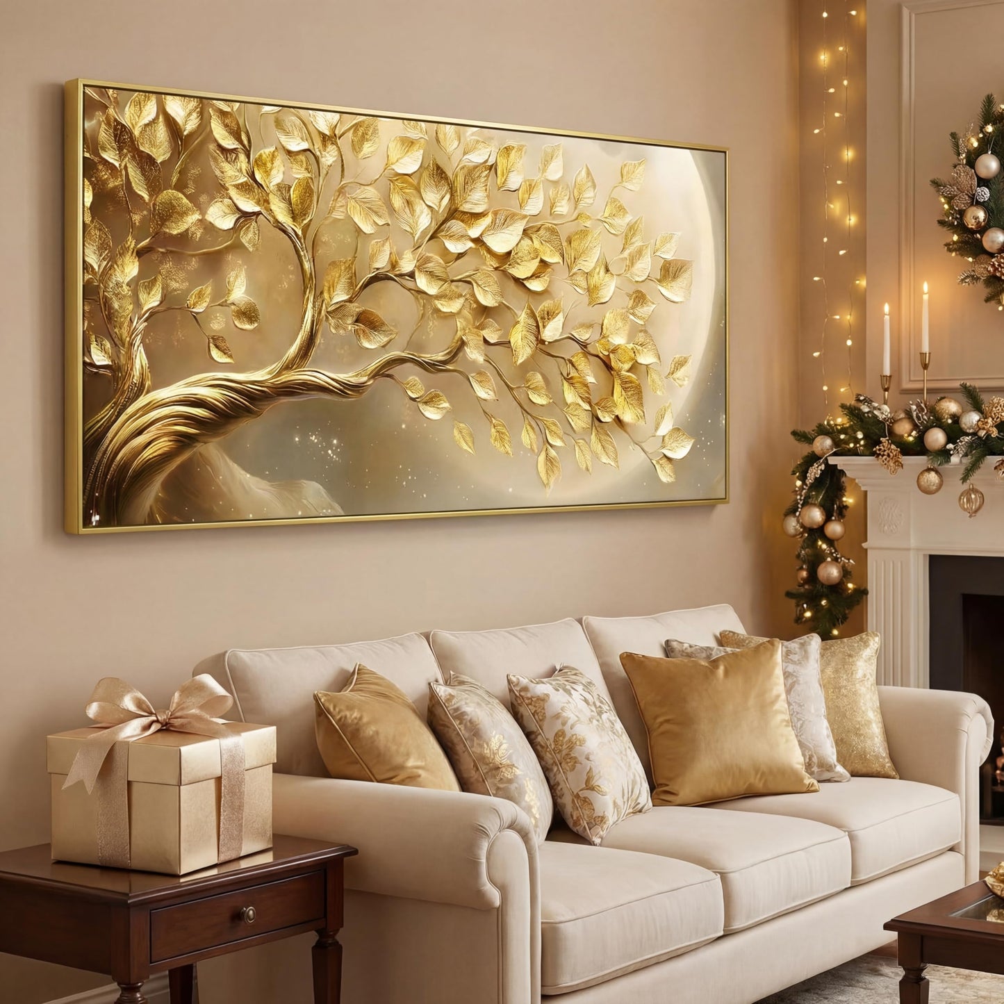 BirdSuite Gold Framed Golden Leaf Money Tree Wall Art, Luxury 3D Effect Canvas Print, Ready to Hang Wall Decor for Living Room Bedroom Office Dining Room Entryway, 48x24 Inch