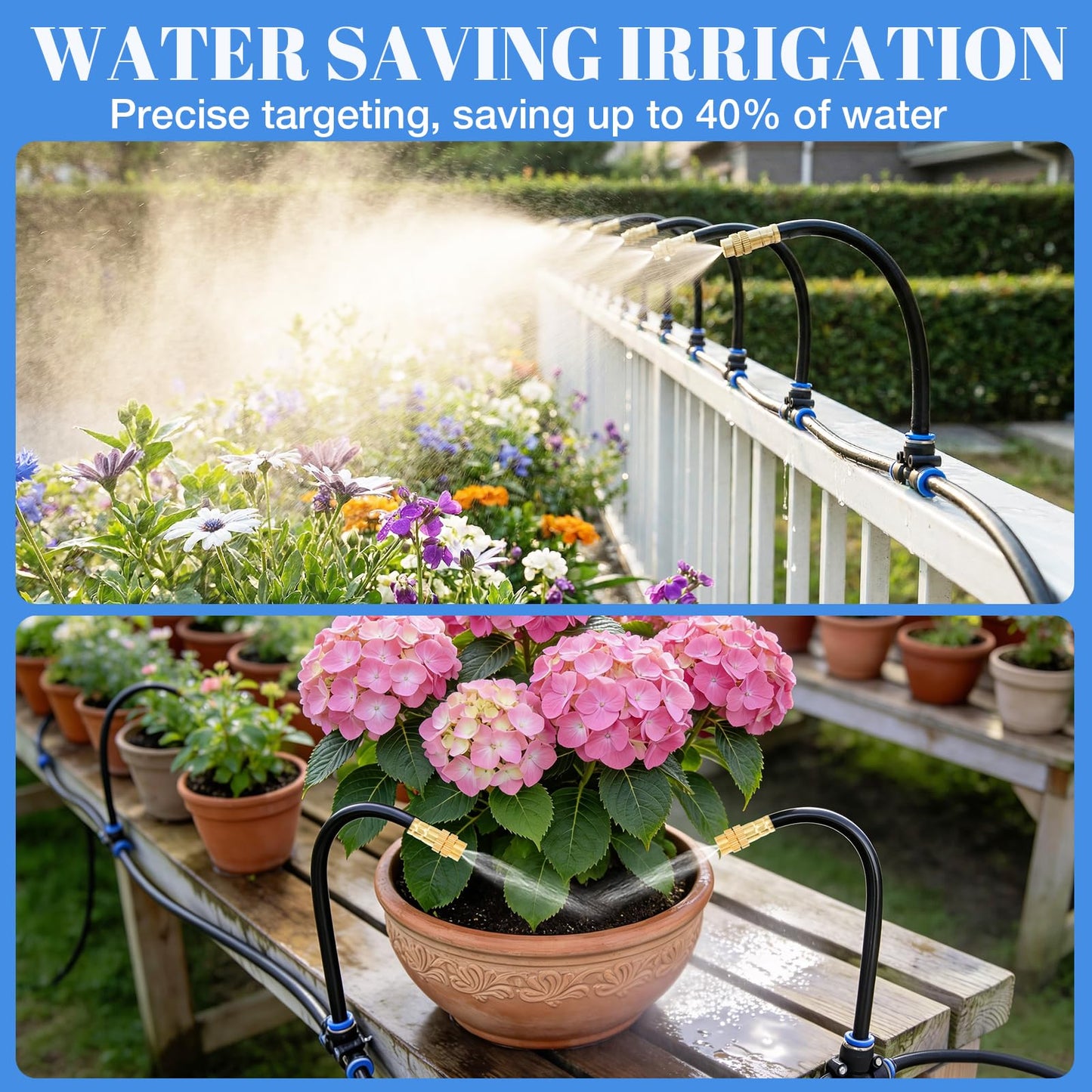 GOTGELIF 100FT Drip Irrigation Kit, with 25Pcs 360° Adjustable Nozzles, 5/16" Tubing, 30 T-connectors, Water-Saving System, Garden Watering Sprinkler for Greenhouse, Vegetable,Potted Plants, Lawn