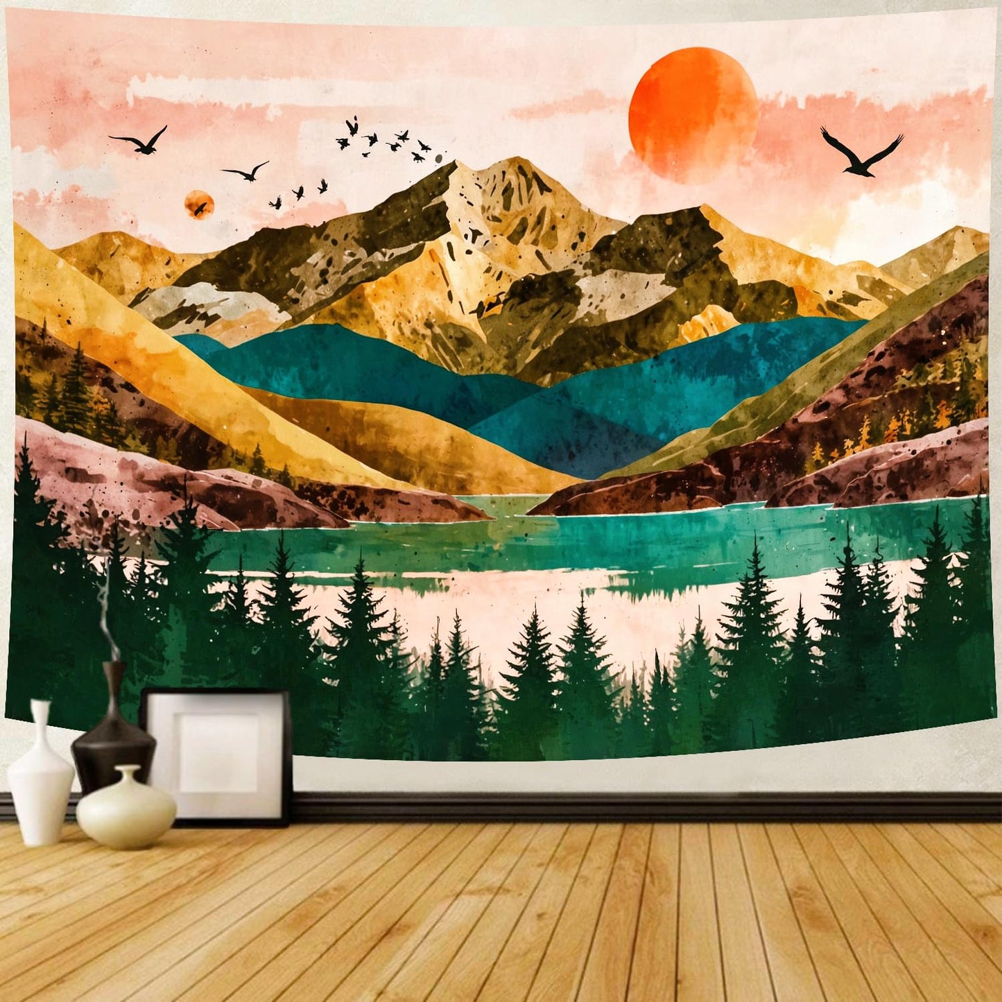 Delur Mountain Tapestry Boho Sunset Nature Forest Tree Tapestry Wall Hanging Sunrise River Lake Landscape Psychedelic Headboard for Bedroom Living Room Home Decor (51.2" x 59.1")