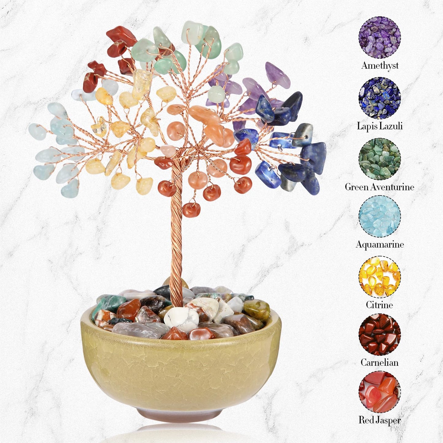 Handcrafted 7 Chakra Abundance Tree with Ceramic Base,5 Inch Natural Crystal Feng Shui Bonsai for Prosperity,Harmony & Energy Flow,Premium Healing Stone Decor for Home & Sacred Spaces