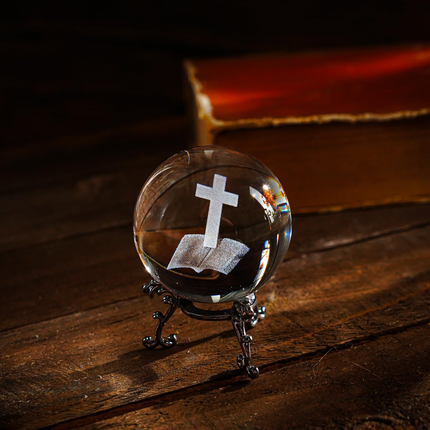 ZEERSHEE 3D Laser Engraved Cross Bible Crystal Ball with Stand Religious Christian Collectible Decoration for Home Office