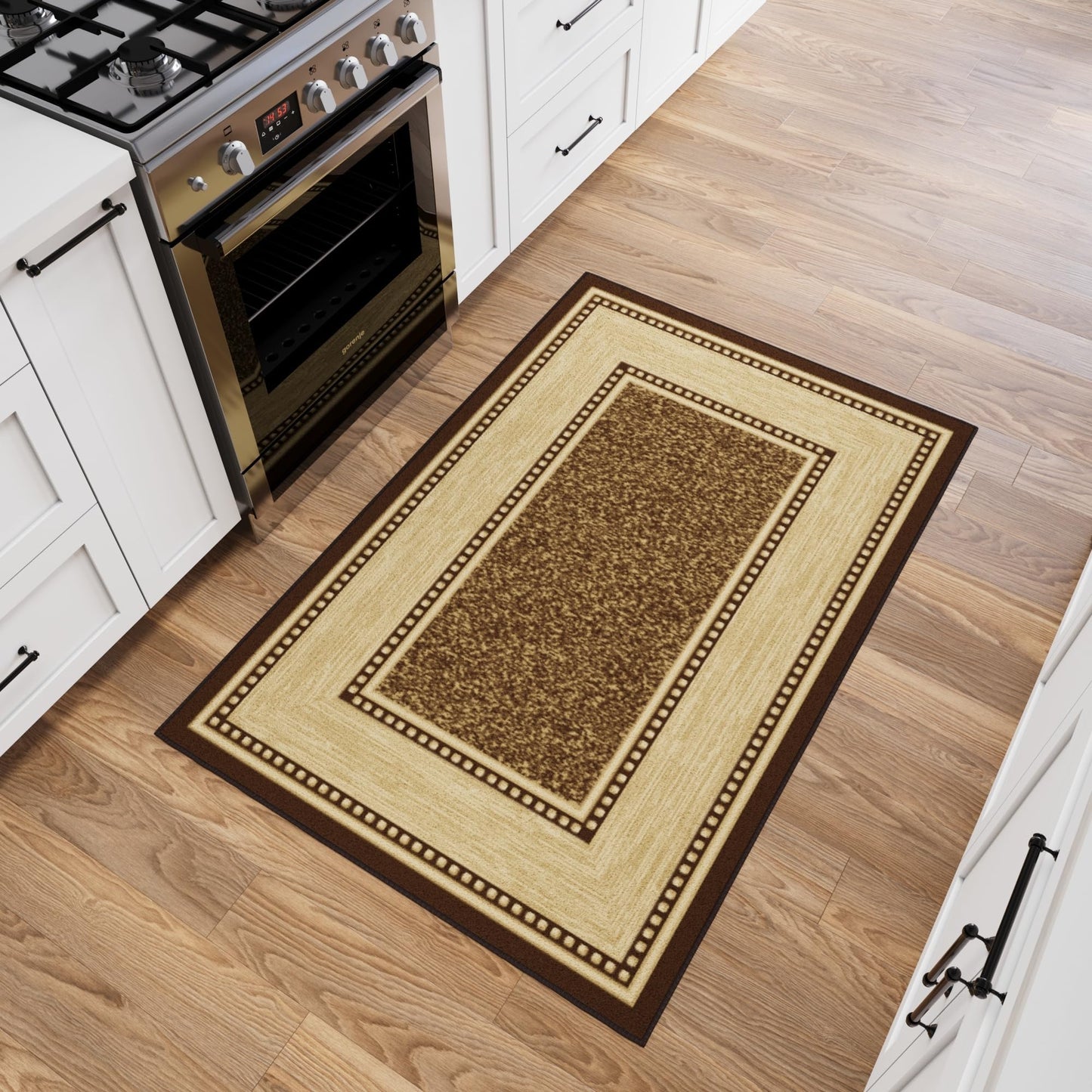 Ottomanson Area Rug 3'3" x 5' – Non Slip Rubber Backed Indoor Rug, Low Pile Accent Rug for Living Room, Bedroom, Entryway, Kitchen, Durable Floor Carpet, Border Dark Brown
