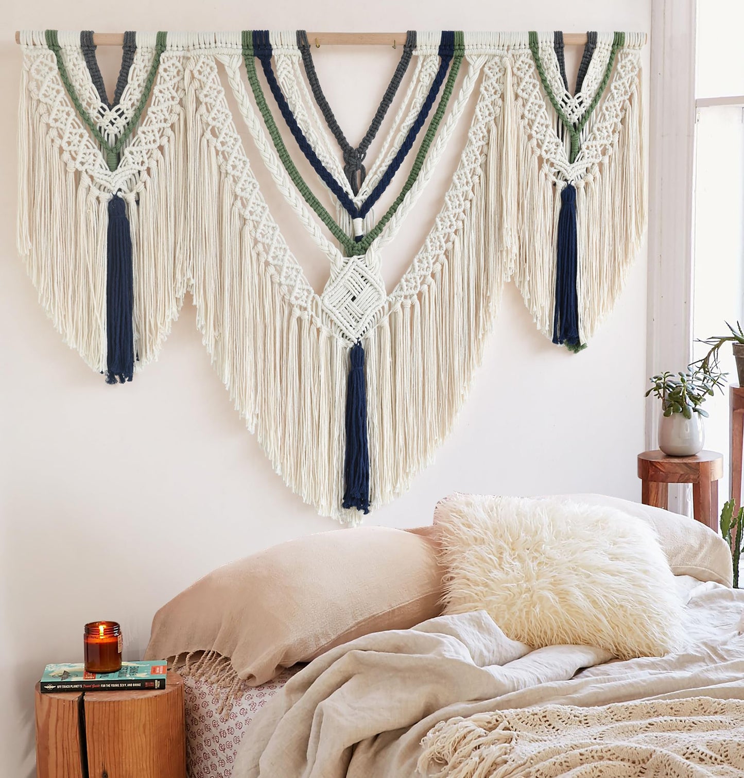 Jakalin Macrame Wall Hanging Boho Wall Decor Yarn Wall Art For Bedroom Living Room, Ivory Blue Green