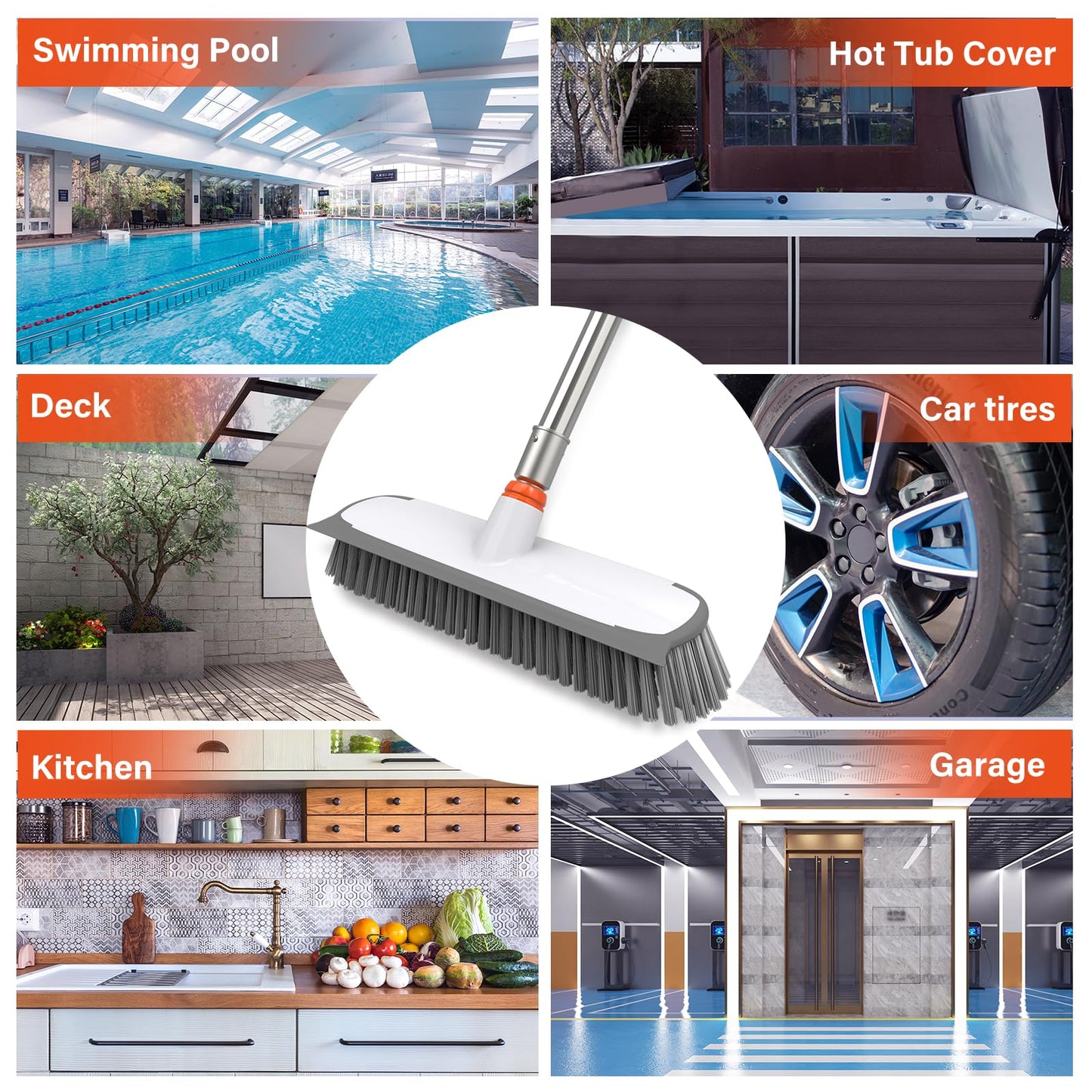 ITTAR 55" Extendable Floor Scrub Brush | 12" Wide 2-in-1 Scrub & Squeegee | Heavy-Duty Tile Scrubber Cleaner with Stiff Bristles for Shower Floor, Kitchen, Restaurant, Patio & Garage-Orange