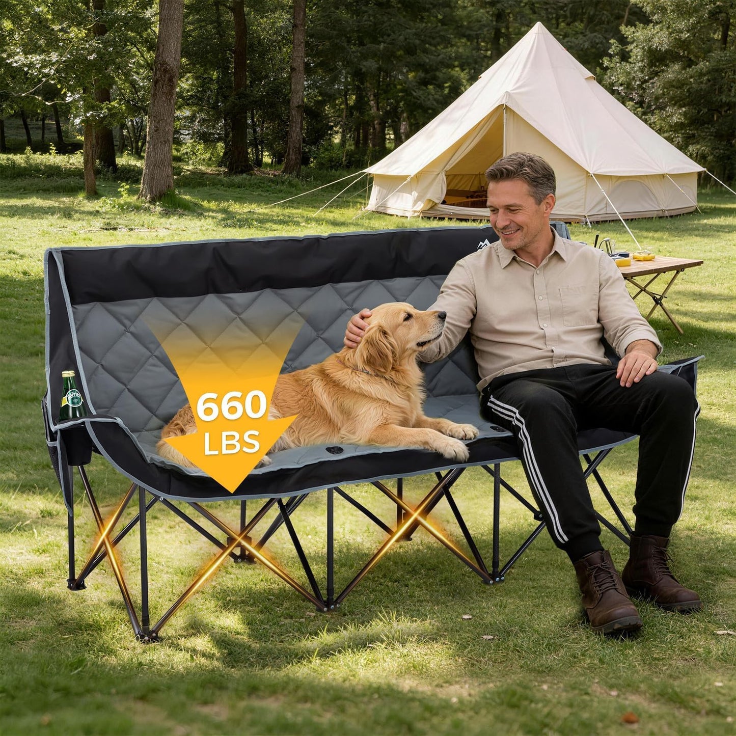 3 Person Camping Chair Oversized Padded Loveseat Camping Chairs Heavy Duty Folding Outdoor Couch with Cup Holder & Phone Side Pocket Extra Wide Outdoor Loveseat for Camping, Tailgating, Lawn Black