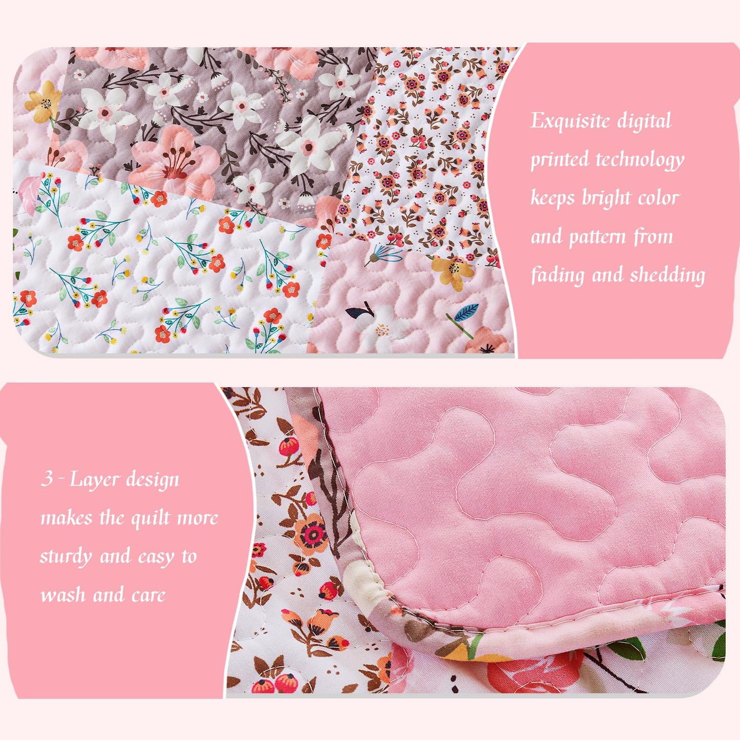 Whale Flotilla Patchwork Quilts Queen Size, Extra Soft Boho Floral Bedspreads for Bed Reversible Lightweight Full Queen Quilt Bedding Set Printed Coverlets with 2 Pillow Shams for All Seasons, Pink