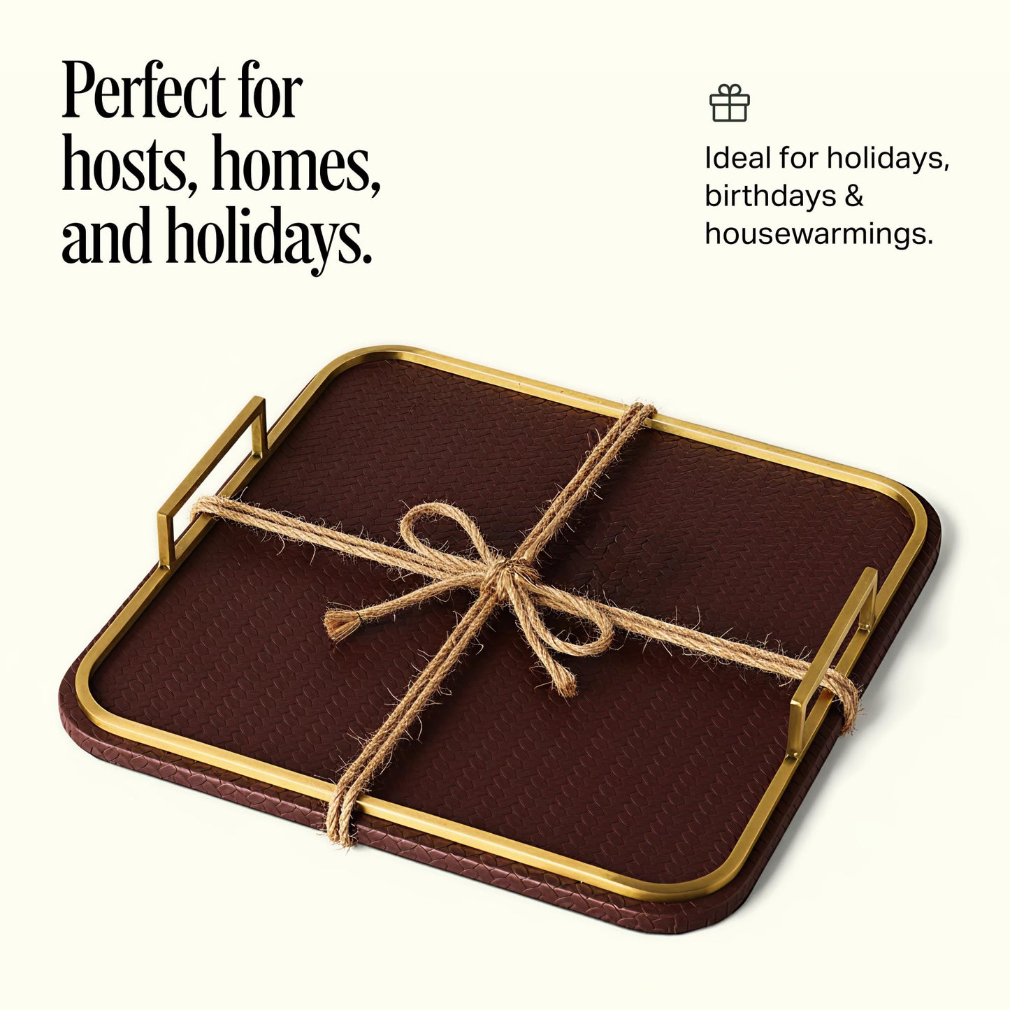 Preston Lane Mayfair Decorative Tray – Vegan Leather with Woven Texture, Brushed Brass Handles – Serving, Dresser & Coffee Table Tray, Espresso