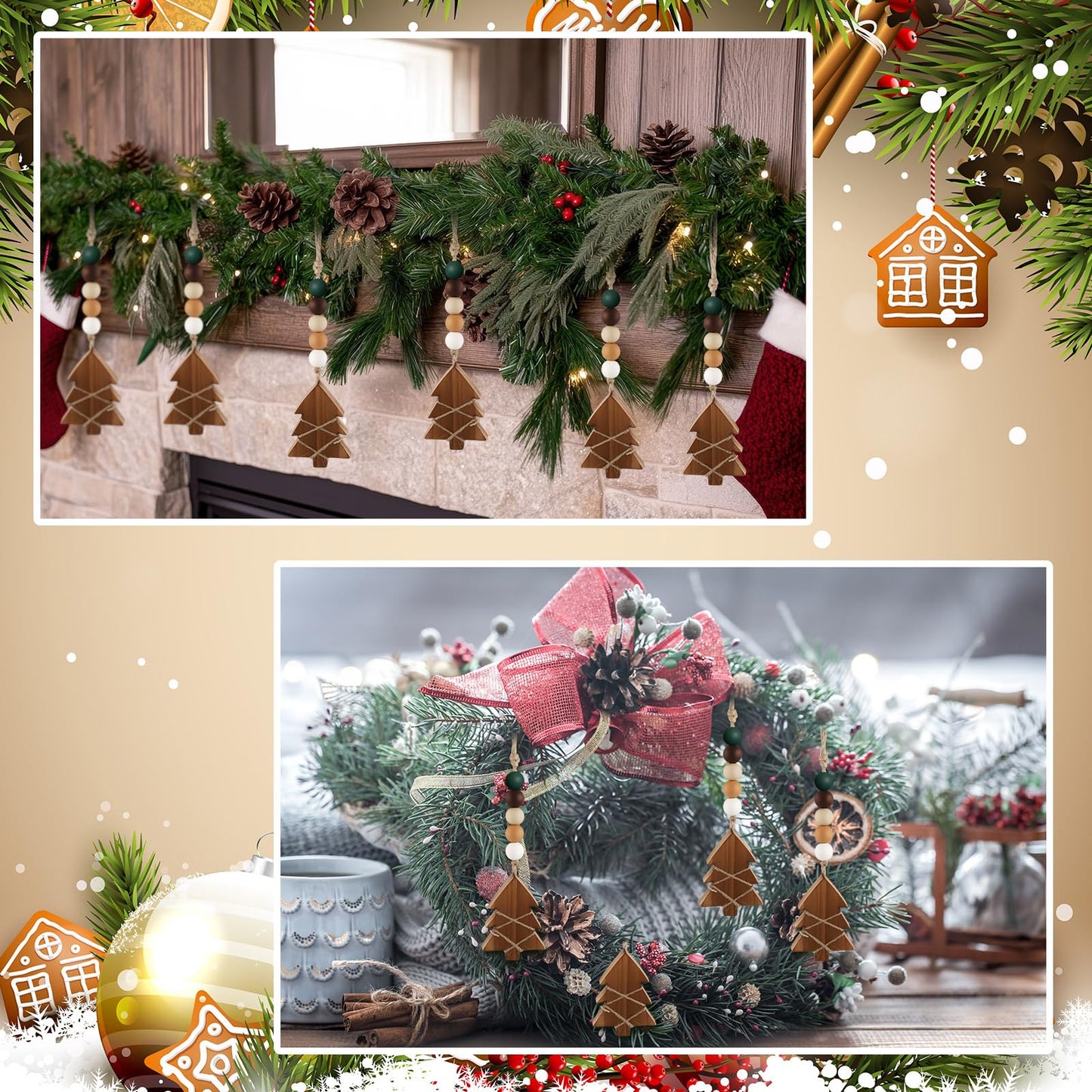 Civaner 6 Pcs Neutral Christmas Tree Hanging Ornament with Wooden Beads Rustic Wooden Boho Christmas Tree Decorations Bead Garland for Xmas New Years Holiday Farmhouse Gift Decor