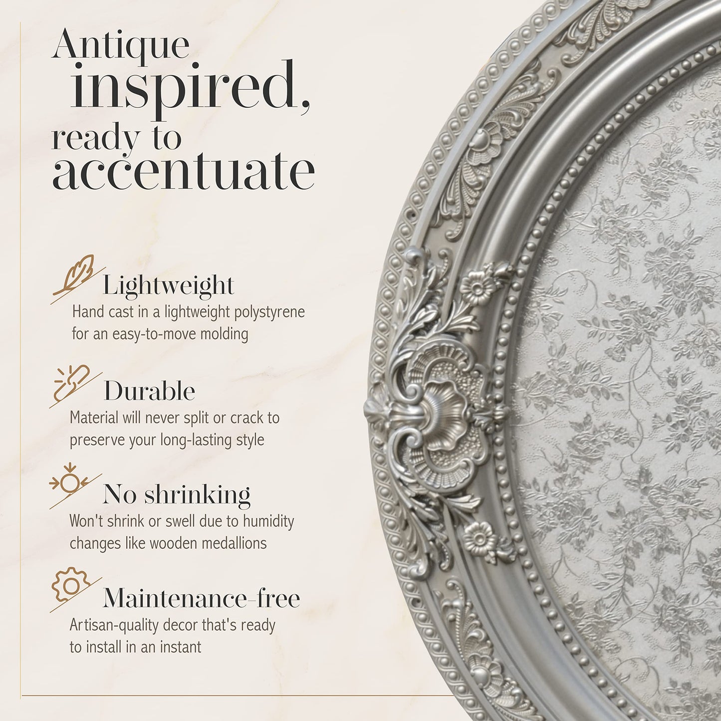 AFD Home Antique Round Silver Chandelier Ceiling Medallion or Fan Medallion, 36 Inches