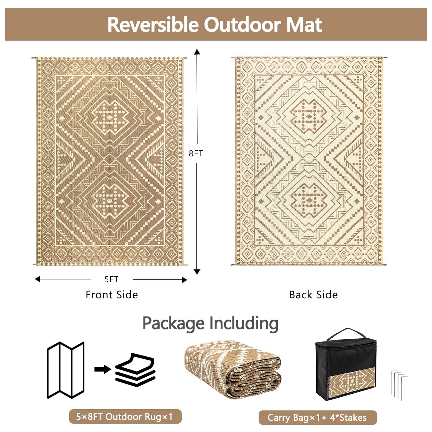 VSIWB Waterproof Outdoor Rug 5x8 ft, Reversible Plastic Straw Mat, Large Floor Mat for Patio, Camping, Picnic, Backyard RV, Deck, Beige