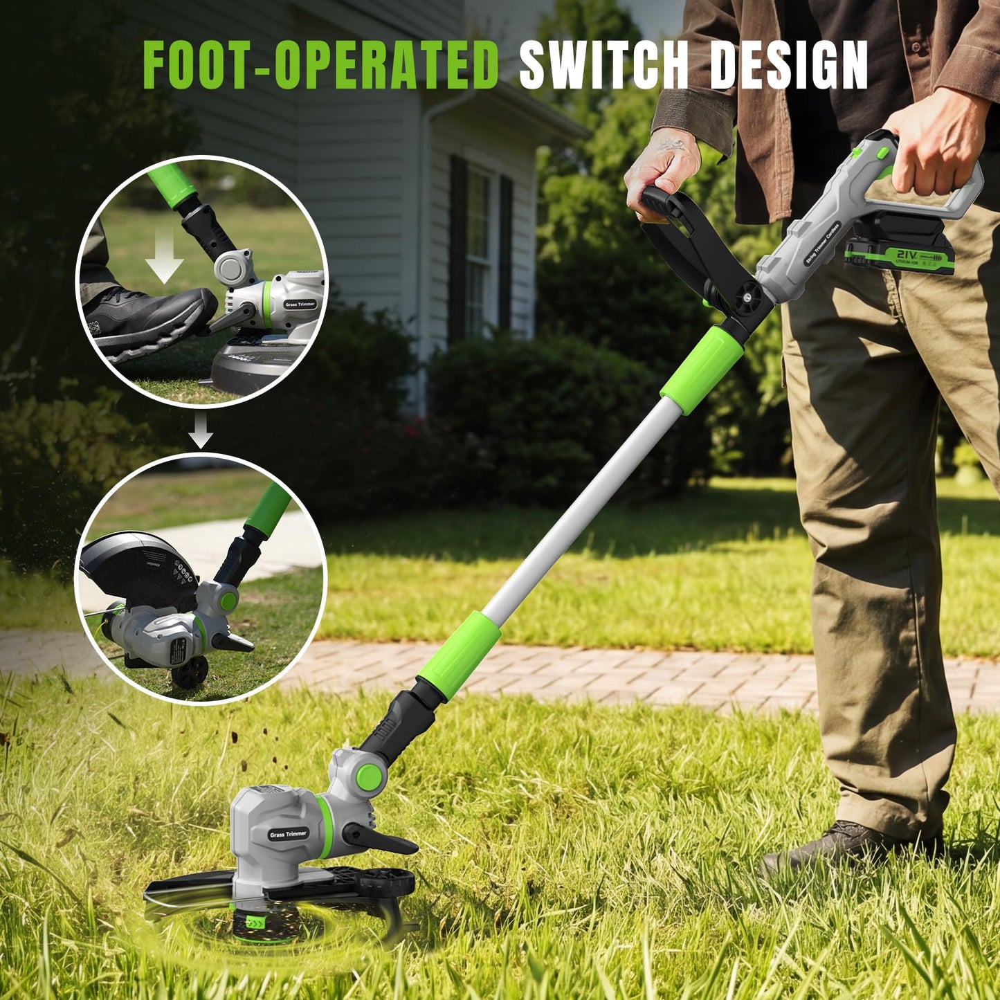 12" 21V Weed Wacker Cordless, 2 in 1 String Trimmer & Edger with Auto Line Feed, 2 Speed Modes, 2 X 2.0Ah Batteries/1 X Fast Charger/6 X Replacement Spools, Weed Eater for Lawn, Garden, etc