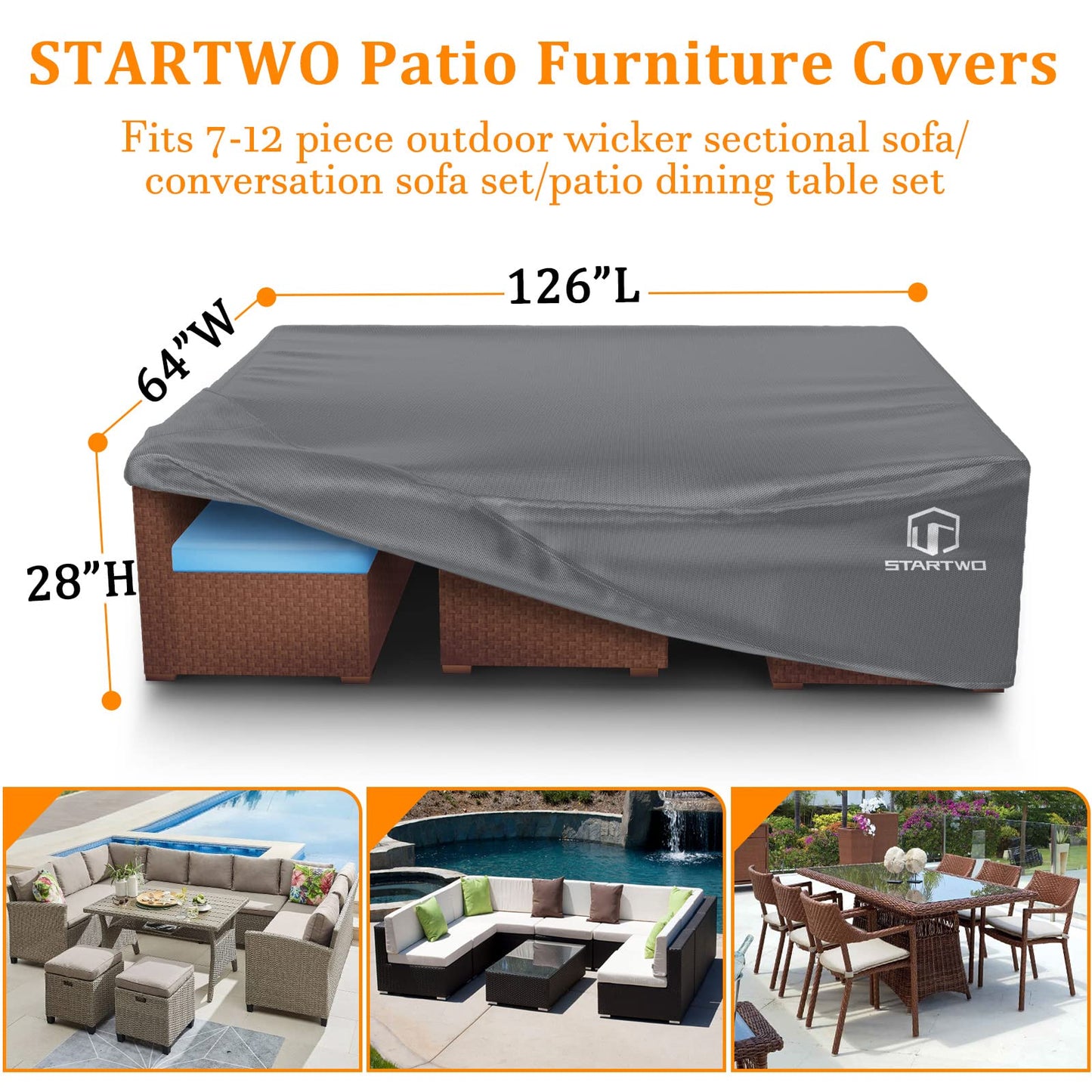 STARTWO Patio Furniture Covers, Waterproof Outdoor Furniture Covers Fits 12 Seats Table and Chairs, Outside Sectional Sofa Set, 126Lx64Dx29H