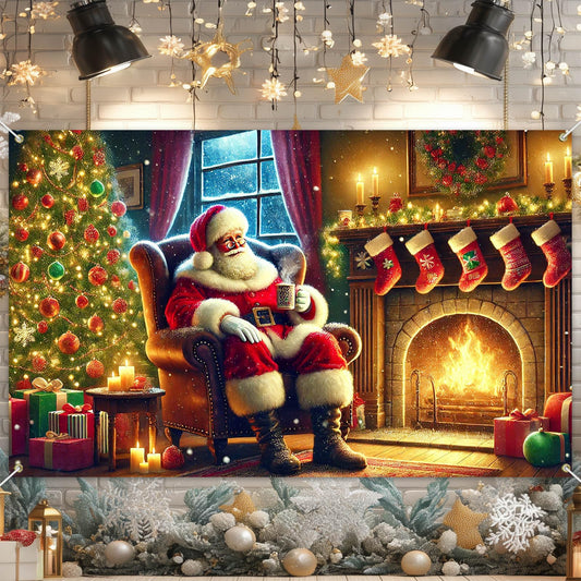 BlissYard Christmas Banner Santa Claus Fireplace Tree Holiday Wall Decoration Warm Cozy Living Room Scene Background Indoor Outdoor Party Decor for Home 71 X 43 Inches