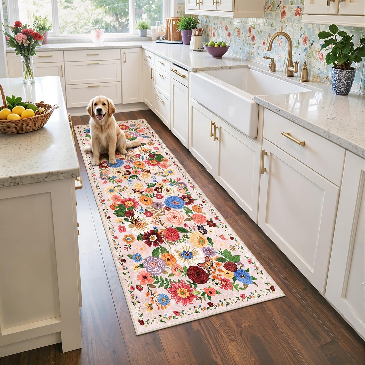 Runner Rug 2x6, Kitchen Rug Non Slip Washable Rugs with Rubber Backing Soft Floral Carpet Runner for Hallways, Kitchen, Laundry, Bedroom, Bathroom (2 x 6, Beige)