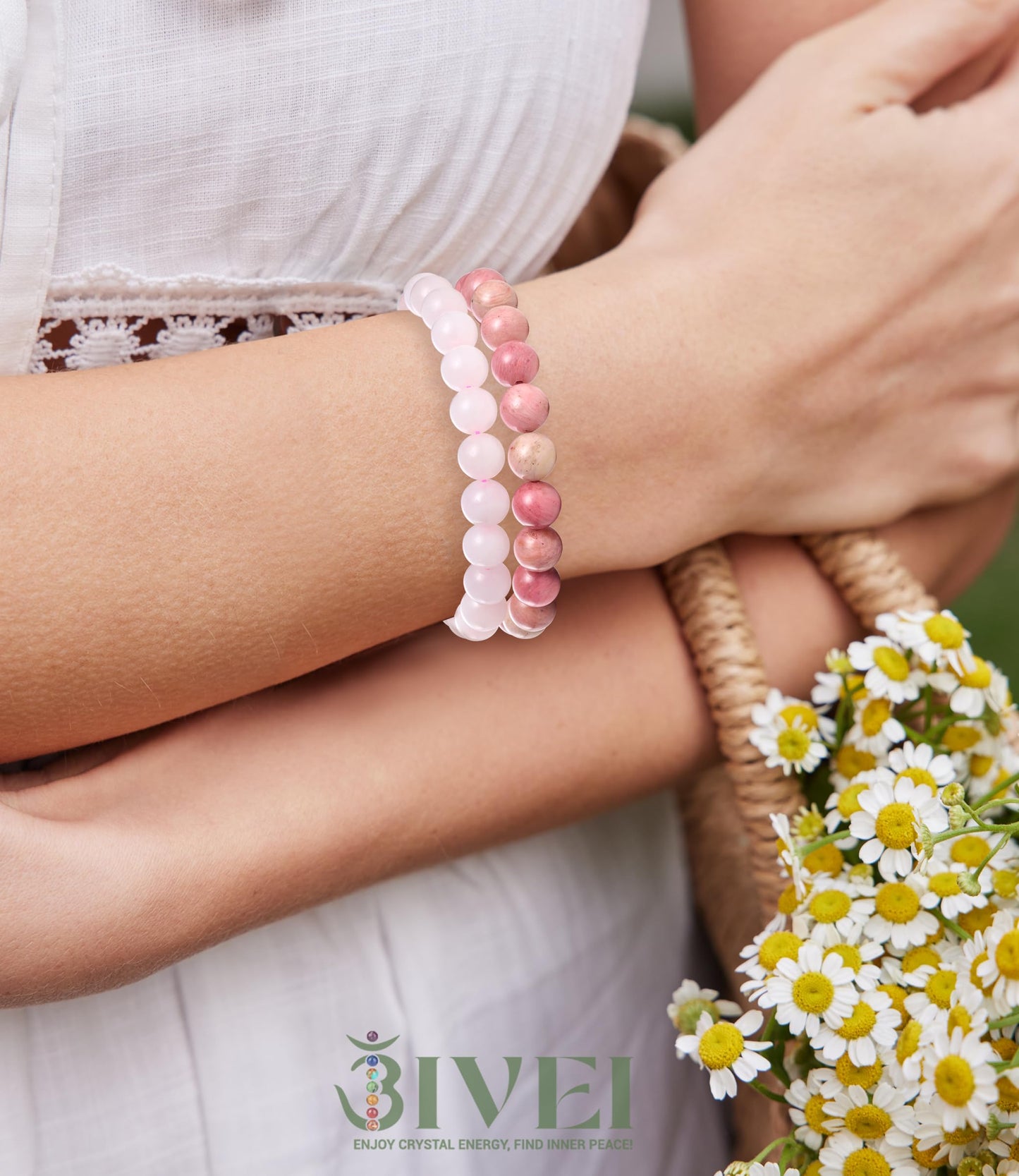 Bivei Natural Gemstone Semi Precious Crystals Handmade Stretchy Round Beads Bracelet, Enhance Positive Energy,Stocking Stuffers for Women(Rose Quartz & Rhodochrosite (Self Love) Medium)