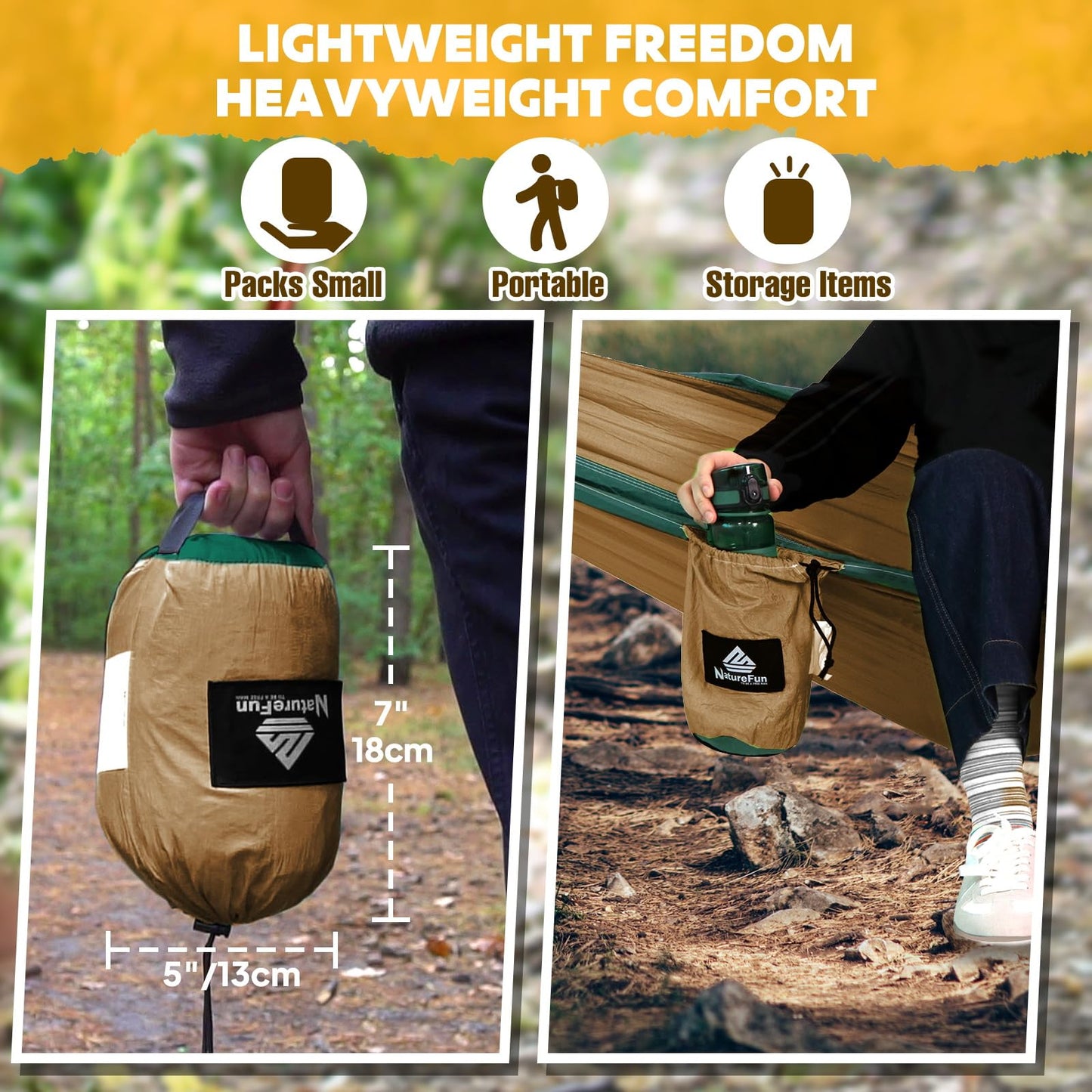 NATUREFUN Ultra-Light Travel Camping Hammock | 300kg Load Capacity,(275 x 140 cm) Breathable,Quick-Drying Parachute Nylon | 2 x Premium Carabiners,2 x Nylon Slings Included | Outdoor Indoor Garden
