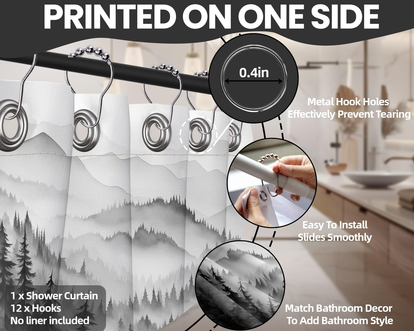 QGHOT Mountain Shower Curtain Black and White Forest Nature Shower Curtains for Mens Bathroom Charcoal Grey Rustic Woodland Pine Tree Cool Bath Decor Sets, Waterproof Fabric with Hooks, 70x72in