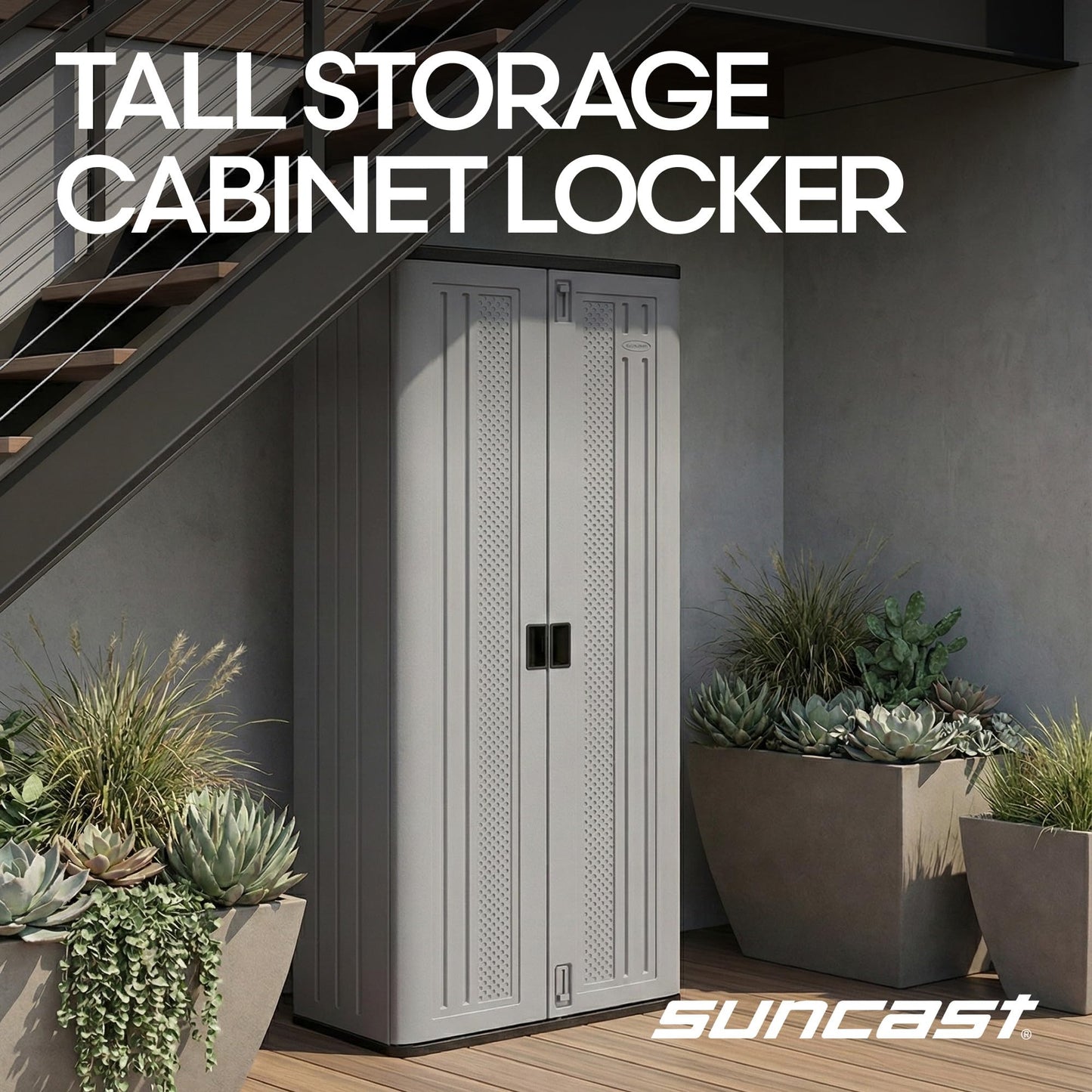 Suncast Tall Storage Cabinet, Platinum Resin Garage Storage Cabinet with Doors & Shelves, Plastic, Lockable, Freestanding Utility Closet for Tools & Supplies, Made in USA