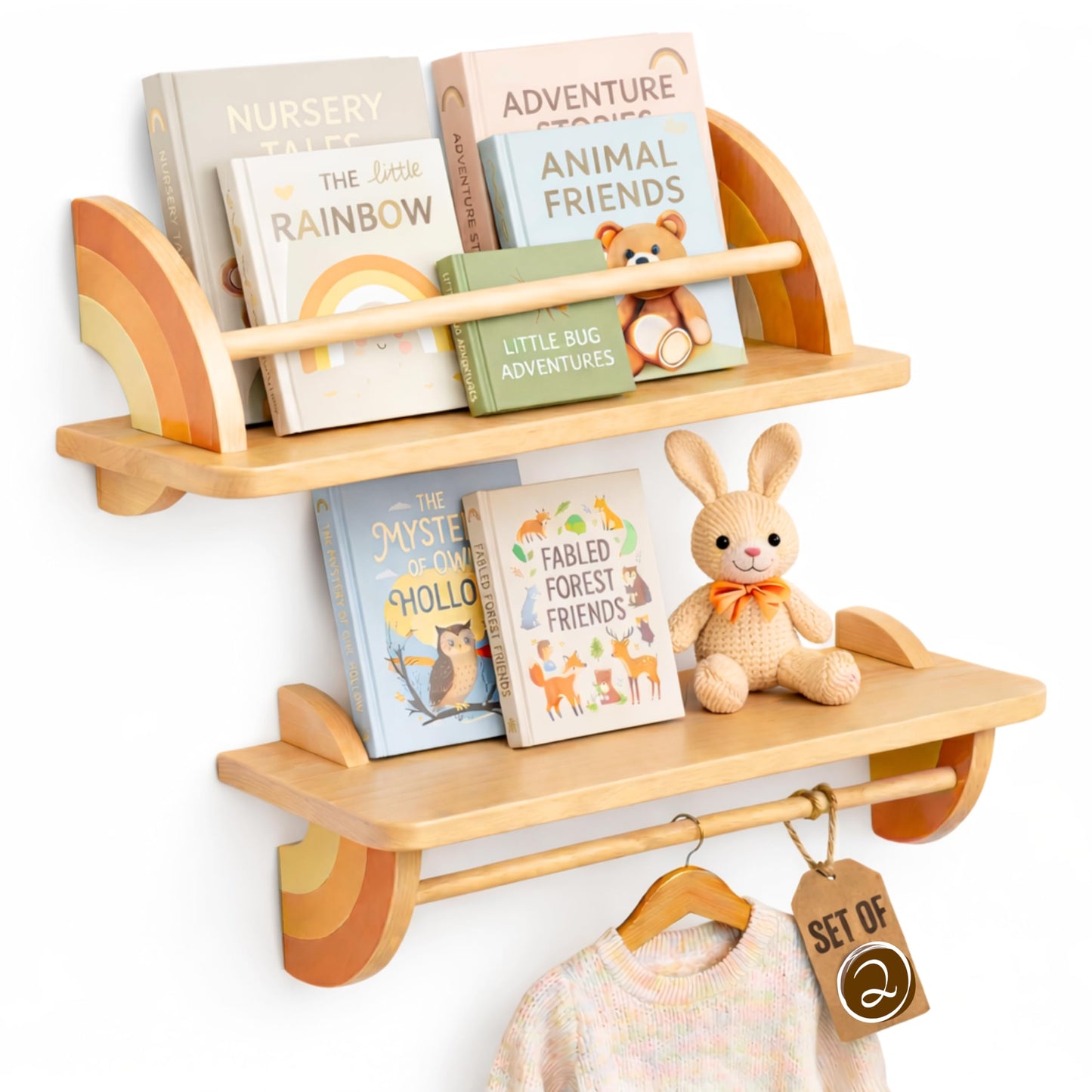 KitzeyBee Nursery Book Shelves Set of 2 - Solid Beech Wood Rainbow Floating Bookshelf for Kids Wall, Wall Mounted Toddler Bookshelf with Hanging Bar for Baby Room Decor, Holds 25 lbs (Pastel, 19.7in)