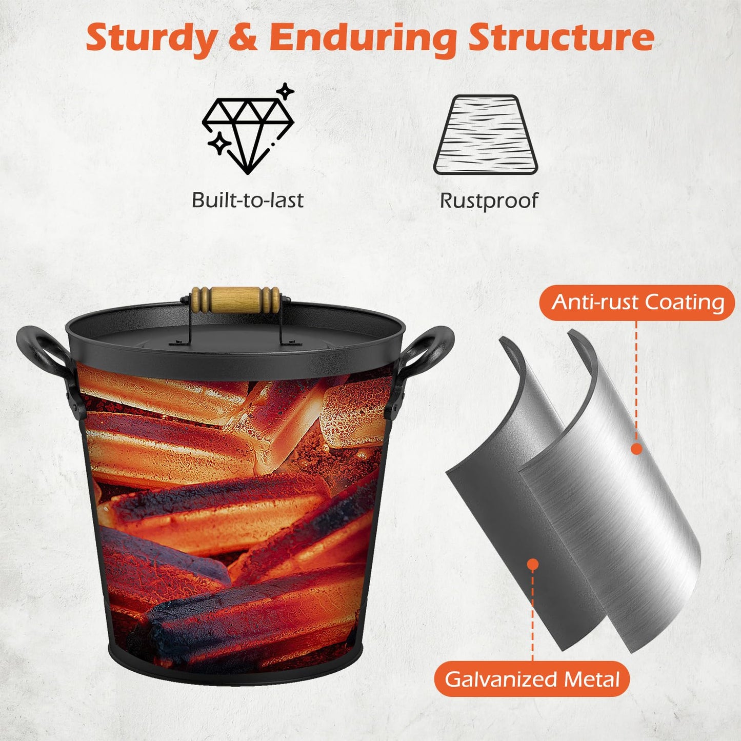 Tangkula 3 Gallon Ash Bucket with Lid, Galvanized Metal Coal Ash Cleaning Can w/Mango Wood Handle & Dual Side Handles, Indoor & Outdoor Fireplace Tool Ash Pail for Fire Pits Wood Burning Stoves