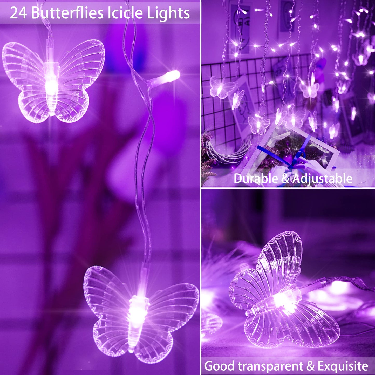 Purple Butterfly Curtain Fairy Lights USB Plug in,120 LED 8 Modes 20FT Firefly Twinkle Icicle String Lights with Remote Timer Waterproof for Halloween Bedroom Christmas Wedding Party Dorm