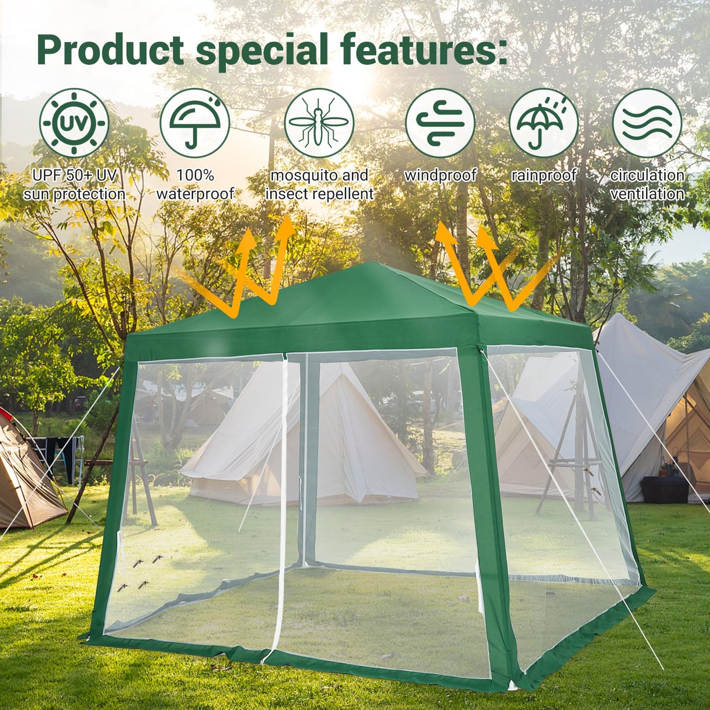 10x10 Pop Up Screen Tent Canopy with Mesh Netting Walls, Easy Setup Waterproof Outdoor Gazebo for Camping, Picnics, Backyard, Deck & Parties