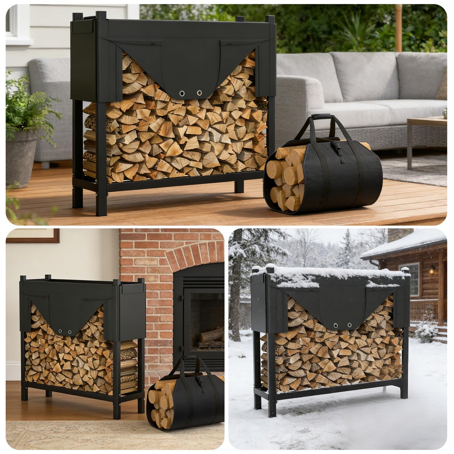 WALMANN Heavy-Duty Firewood Rack with Waterproof Cover & Firewood Carry Bag, 4 ft Outdoor Indoor Wood Log Holder for Fireplace, Patio & Porch, Sturdy Steel Fire Wood Storage Stand