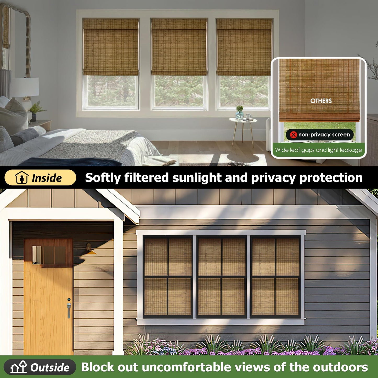 LazBlinds Cordless Bamboo Roman Shades, Privacy Blinds for Interior Windows, Room Darkening Roll Up Bamboo Blinds for Home & Patio, 34" W x 64" H, Highfield Teak