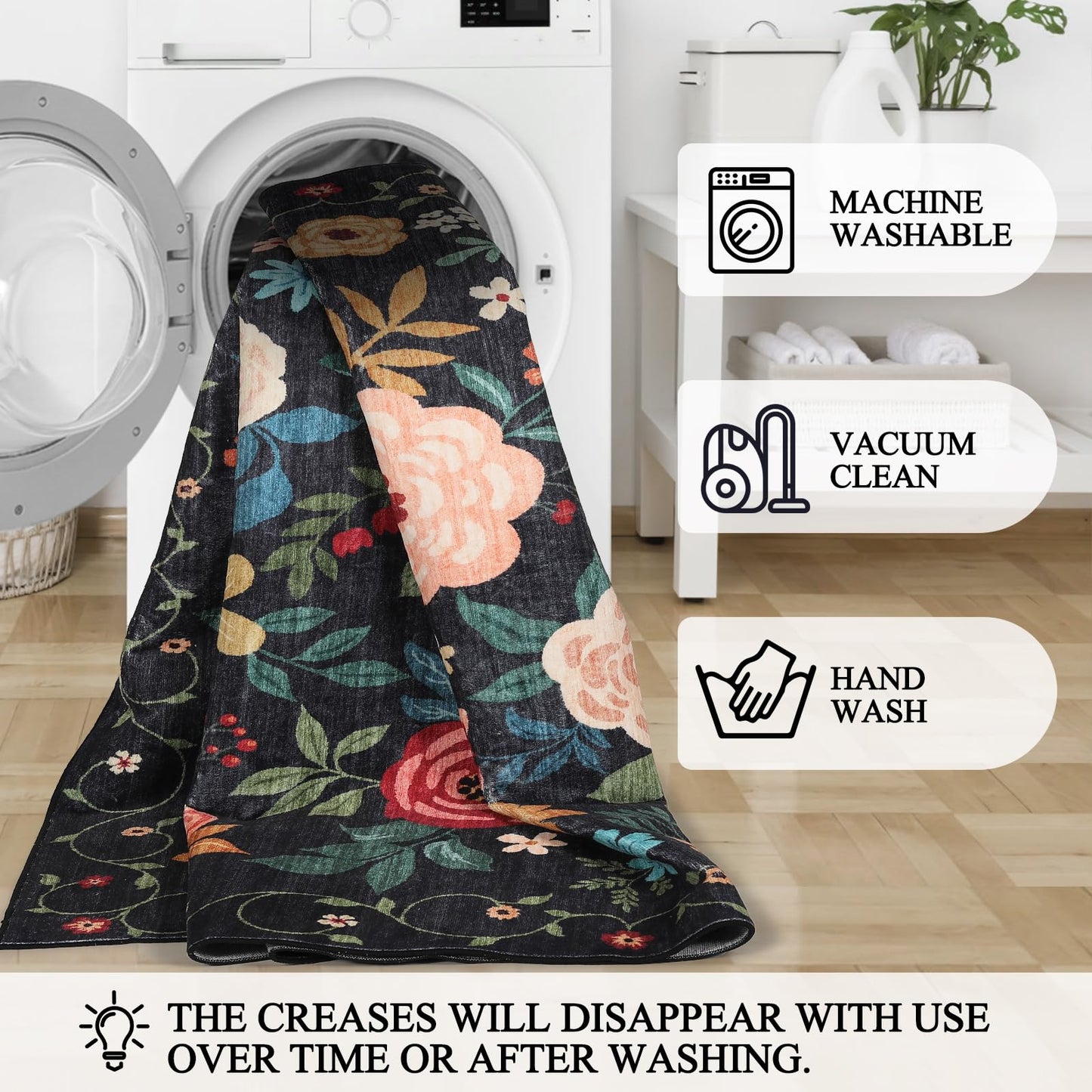 DUKINO 2x6 Runner Rug for Hallway, Washable Kitchen Runner Rug with Non Slip Backing, Low Pile Soft Boho Floral Runner for Kitchen, Hallway, Entryway, Laundry, Bedroom, Black