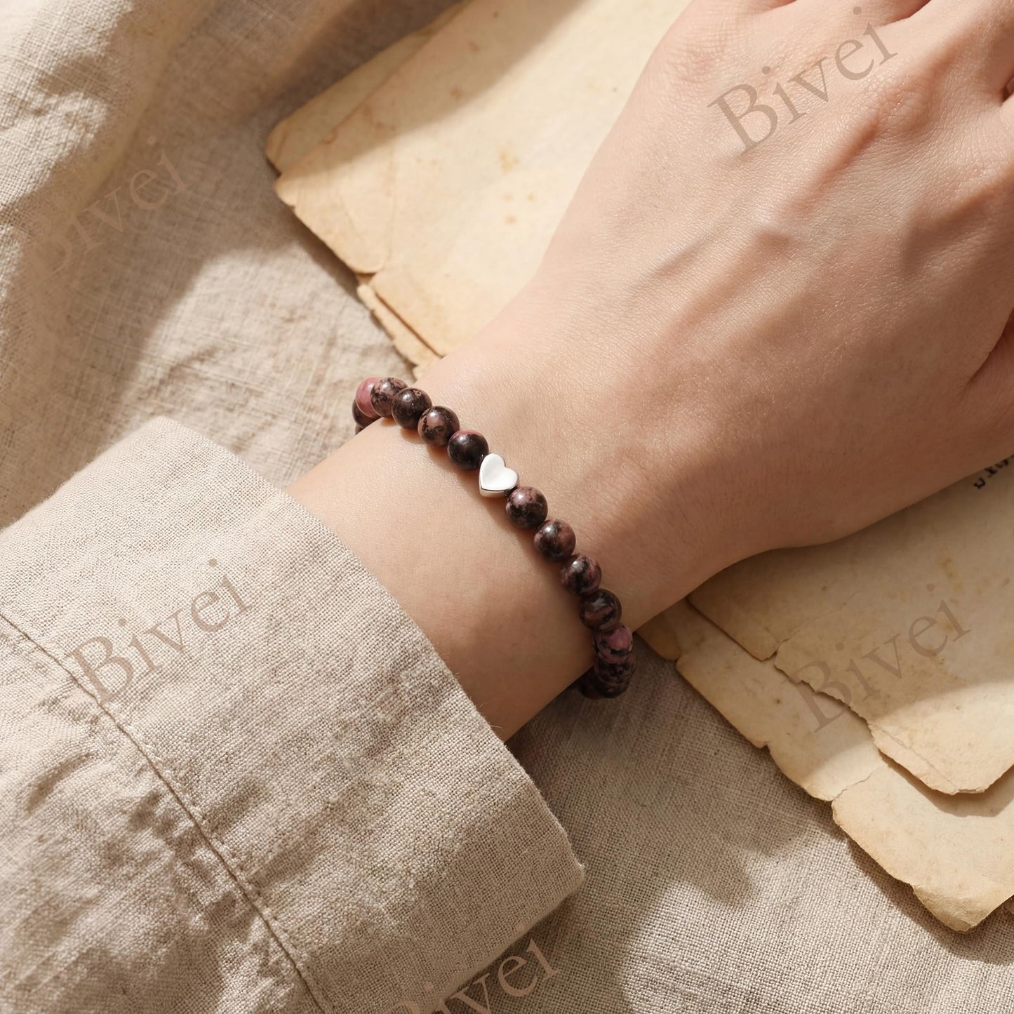Bivei 6mm Rhodonite Crystal Stretch Bracelets for Women, Handmade Natural Stone Beaded Bracelet, Yoga Protection Jewelry Gift