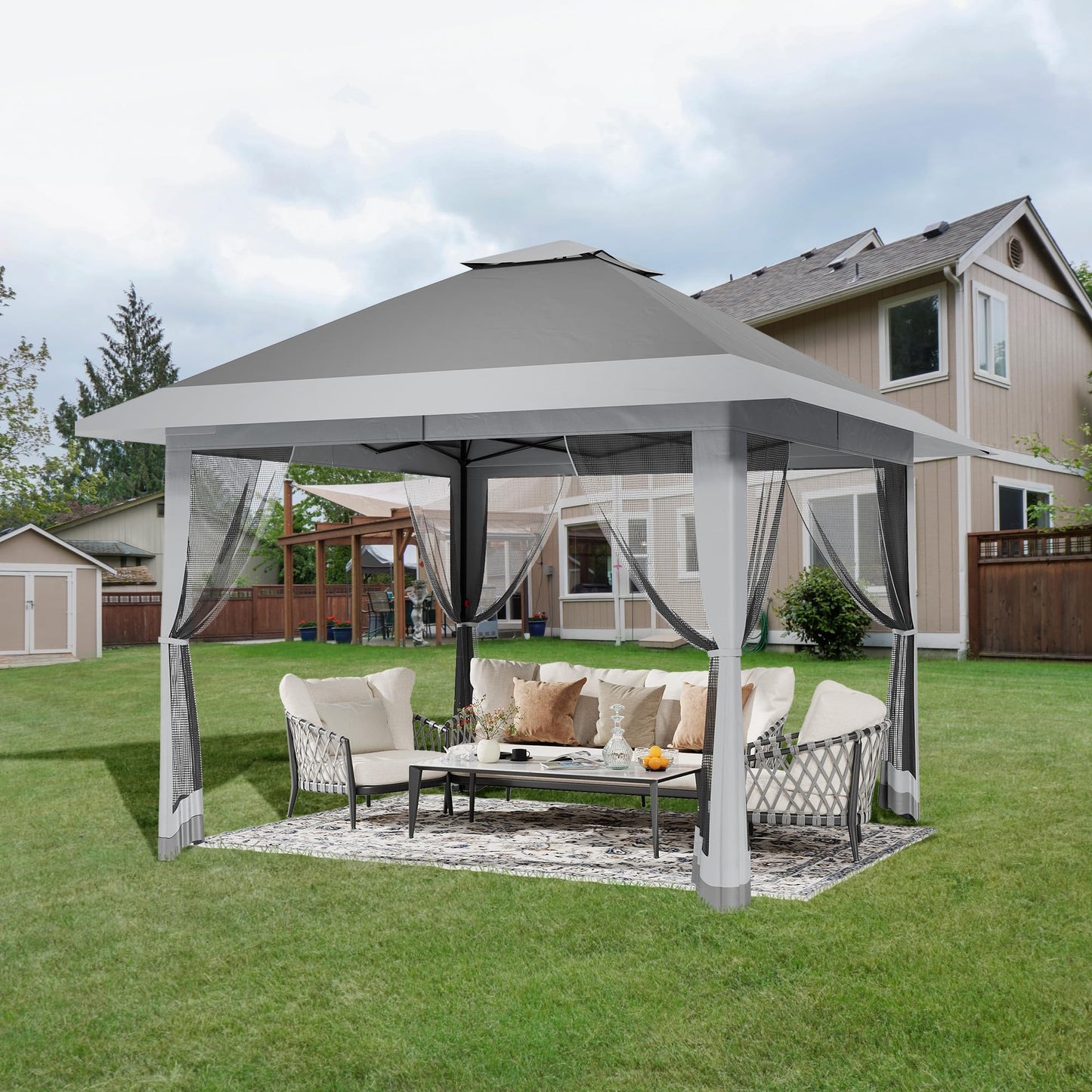 13x13 ft Pop Up Canopy Tent, One-Push Setup Gazebo with Mosquito Netting, 4 Sandbags, Height Adjustable, Waterproof UV Protection for Backyard Parties, BBQs, Camping