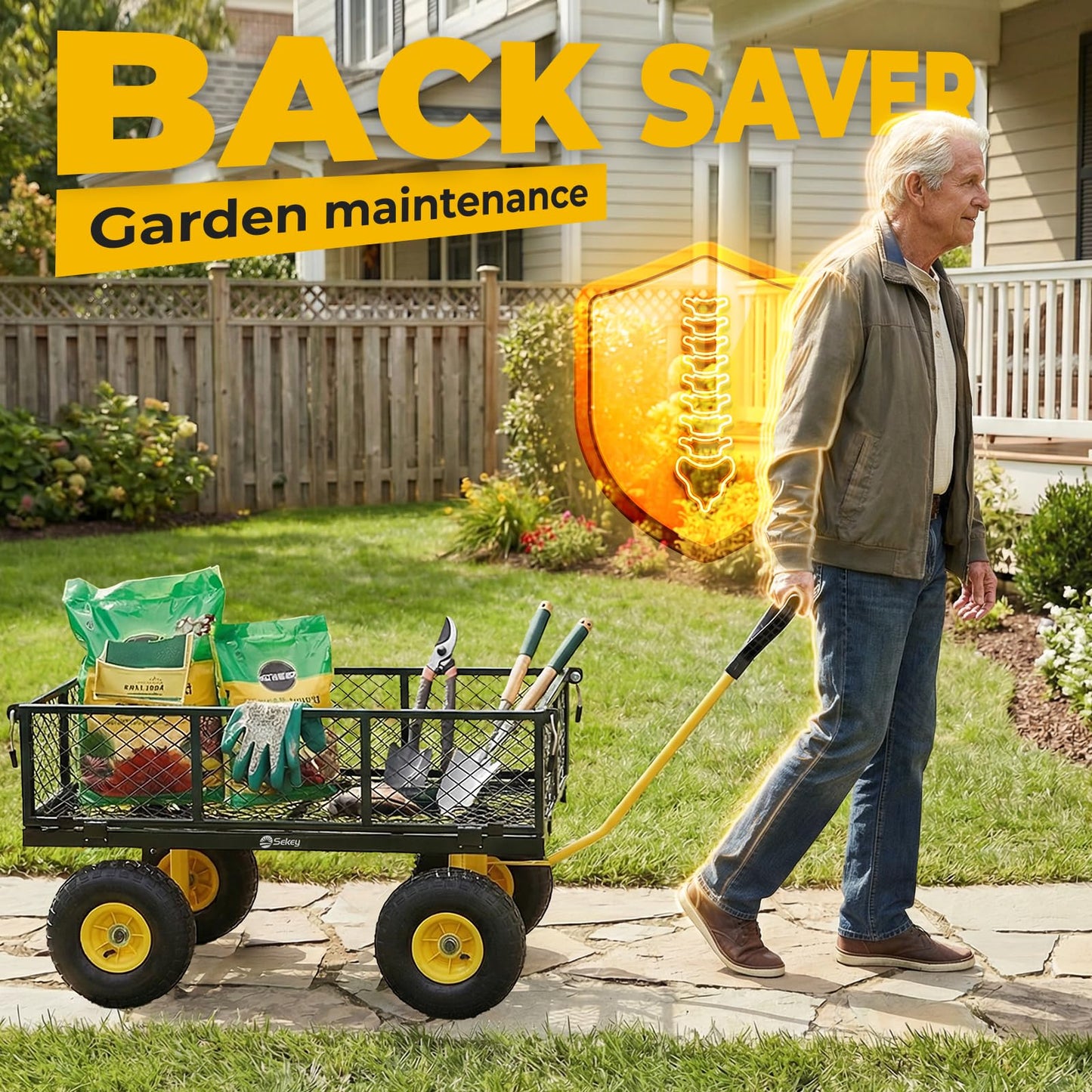Sekey 600lbs Steel Mesh Garden Cart for Patio & Backyard, Utility Wagon with Removable Sides (Convertible Flatbed), 10" Rubber Tires, Black