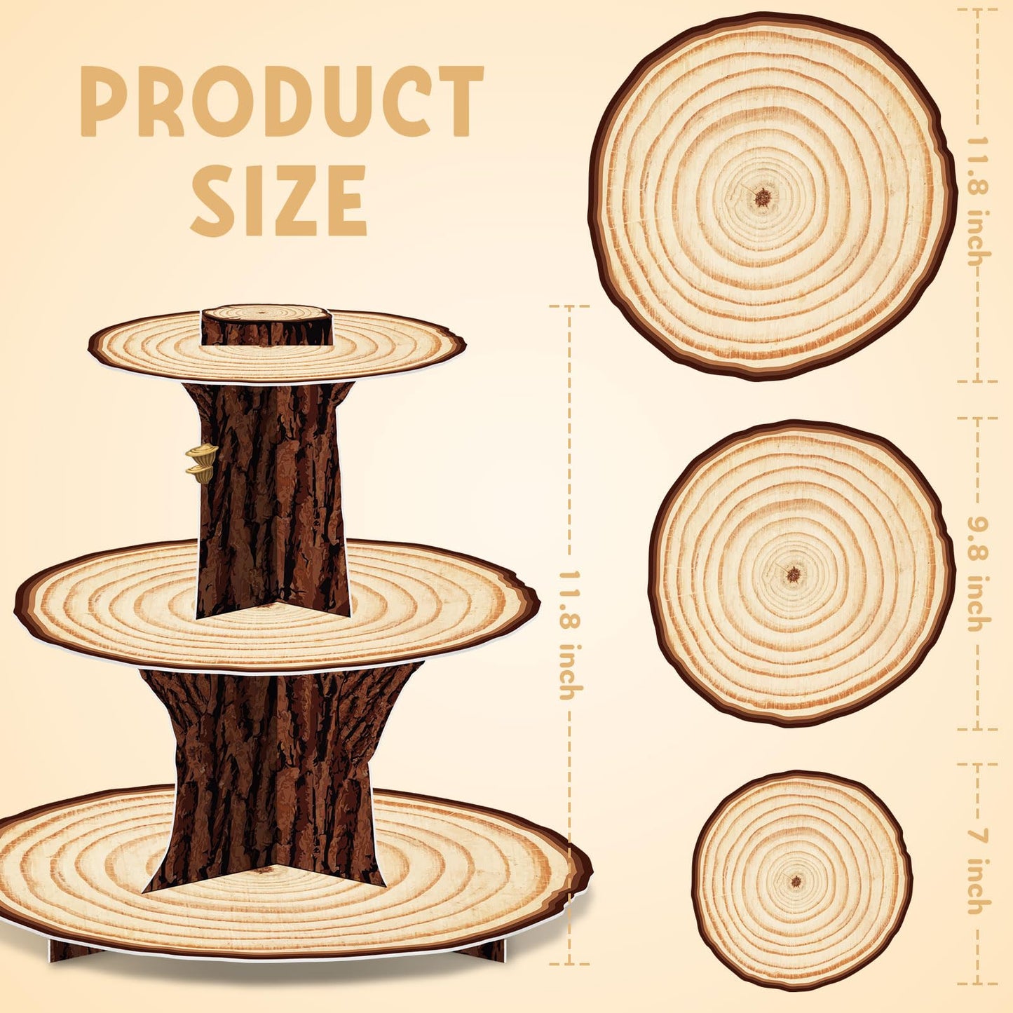 Wooden 3 Tier Cupcake Stand Decoration - Rustic Wood Cupcake Stand Decor for Camping, Birthday, Safari Party Supplies