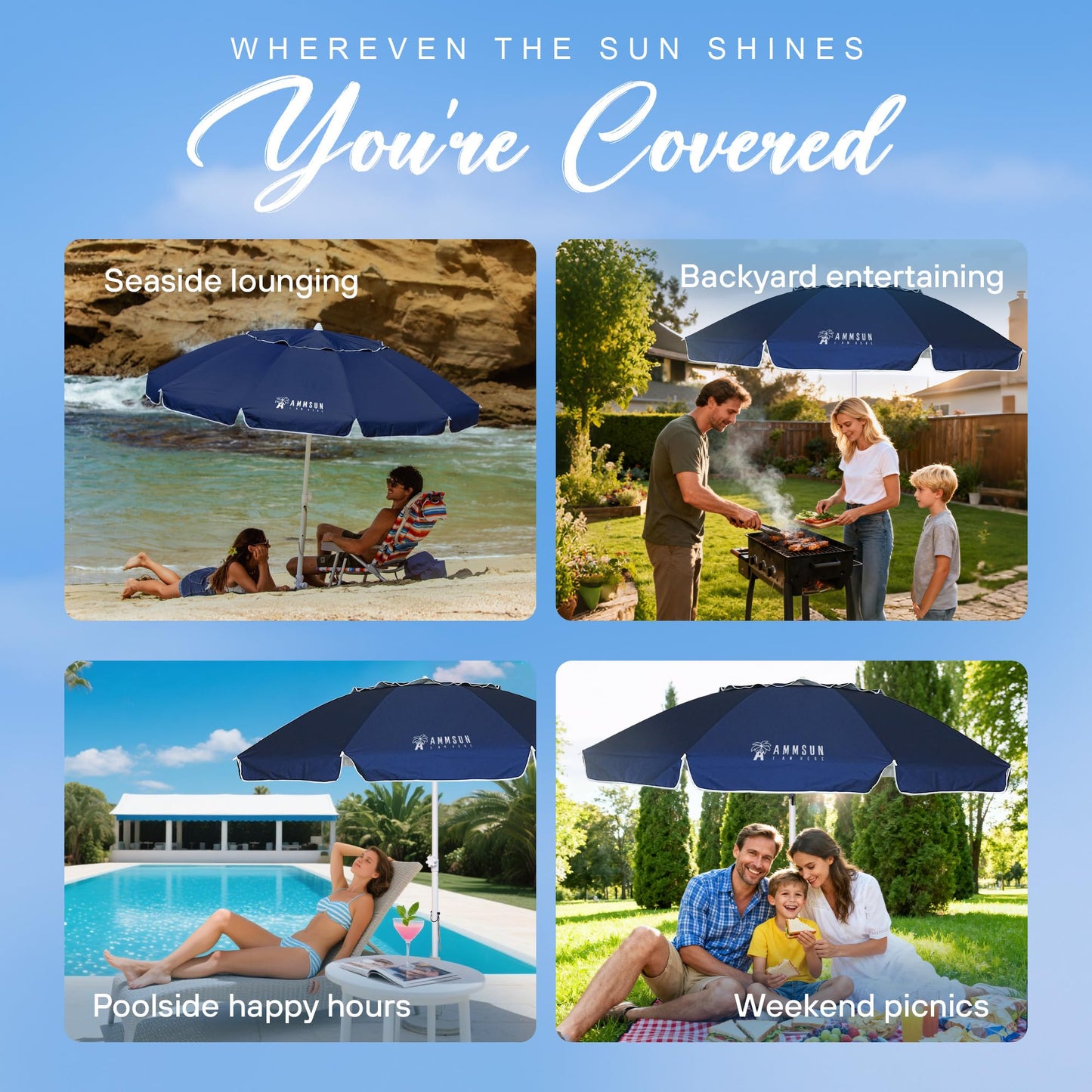 AMMSUN 8 FT Large Beach Umbrellas for sand with Sand Anchor Heavy Duty High Wind Portable Outdoor Umbrellas UPF 50+ Protection Air Vent Tilt for Bech Patio Garden (Navy)