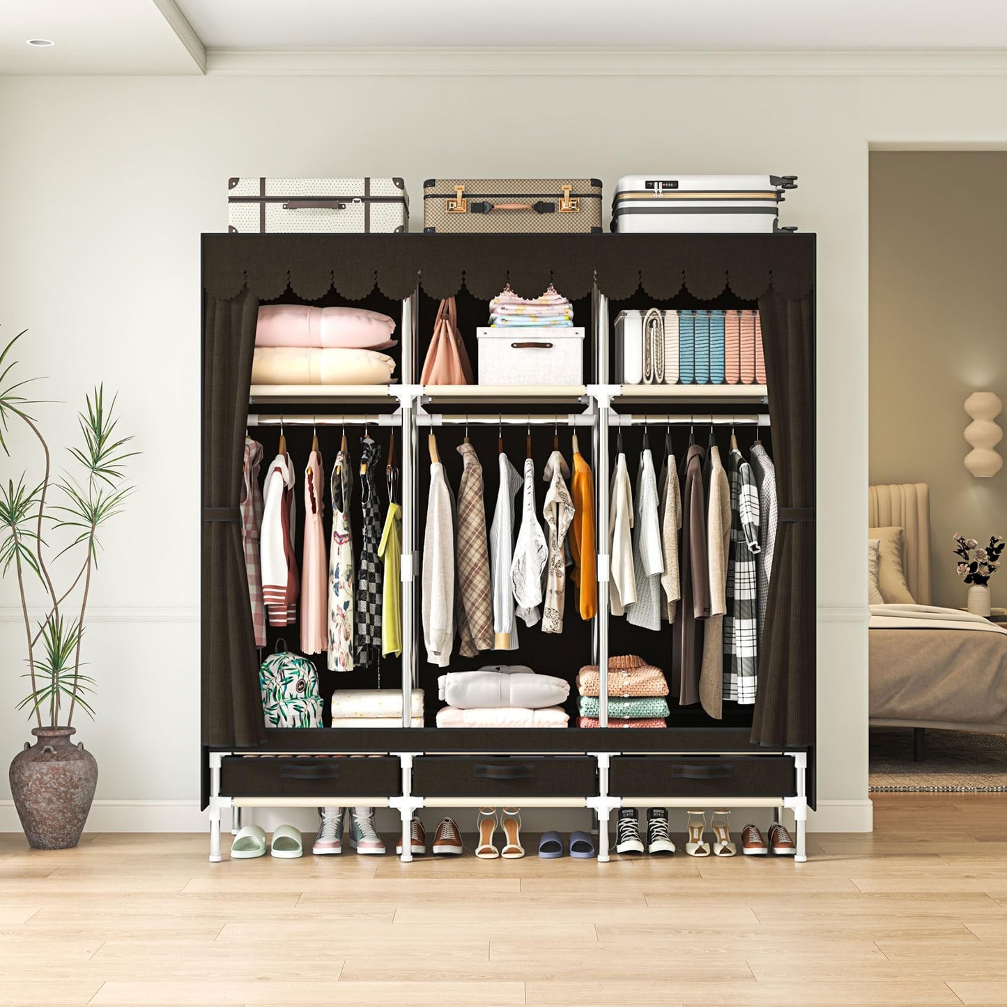 LEAIJIAFY Portable Amories Closet Wardrobe with Non Woven Fabric Cover,59 Inch Large Metal Clothes Rack Storage Closet with 3 Hanging Rods,3 Drawers and 3 Storage Shelves,Brown,for Small Room