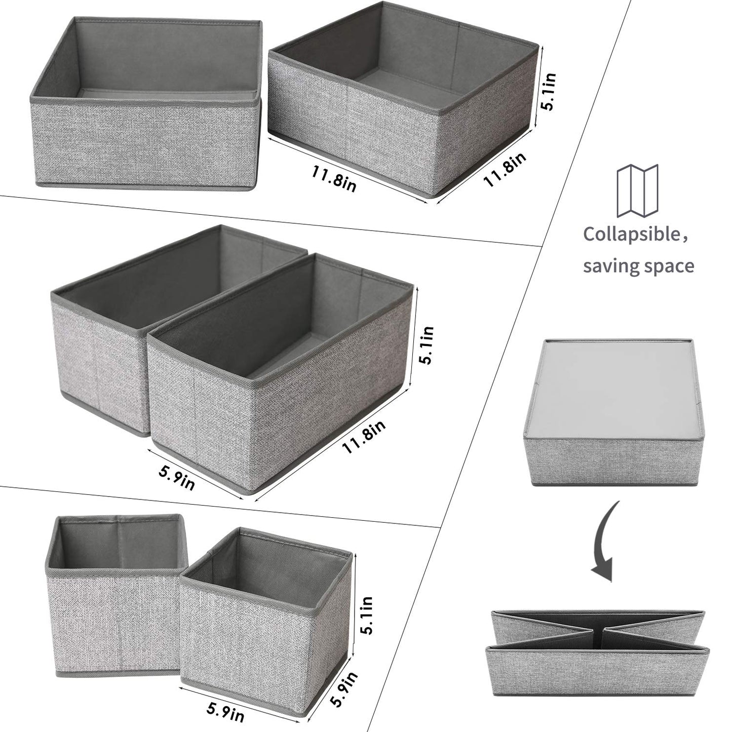 Criusia Foldable Underwear Drawer Organizer, Closet Dividers, Storage Box for Clothes, Socks (6 Bins, Gray)