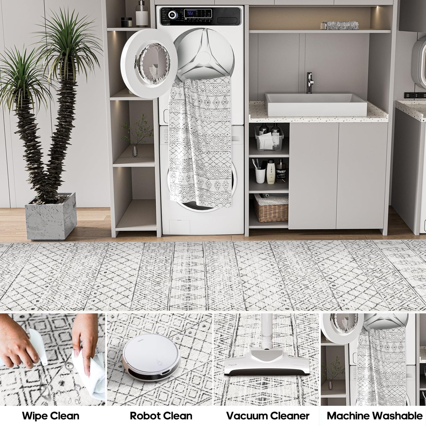 BYYVOO 2x3 Entryway Rug Washable - Moroccan Small Area Rugs for Entryway Low Pile Indoor Mat Non Slip with Rubber Backing Thin Area Rug Pet Friendly for Front Door Kitchen Bedroom 2x3 Geo Grey