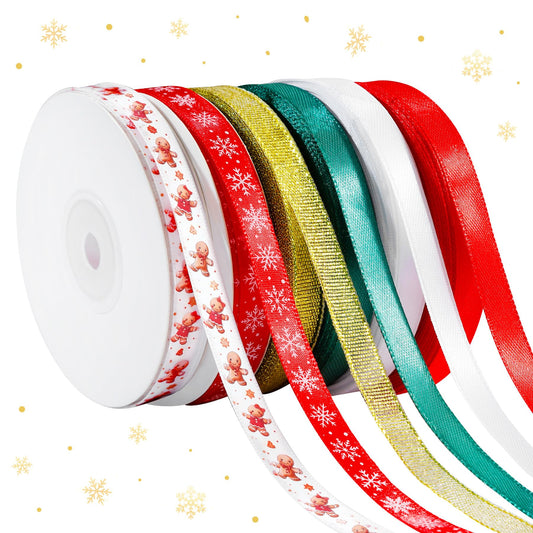 6 Rolls Christmas Ribbon for Crafts 3/8 Inch Glitter Fabric Holiday Festival Grosgrain Ribbon for Wrapping Decoration Floral Bows Craft(Gingerbread)