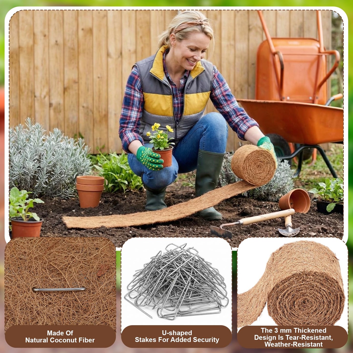 Tinideya 6 Pcs Natural Mulch Roll for Landscaping 118'' x 4.5'' Per Roll Coconut Fiber Mulch Mat with 60 U-Shaped Steel Stakes Cuttable Coconut Liner for Garden Edgings Wrap Trunk Planter Pet Pad