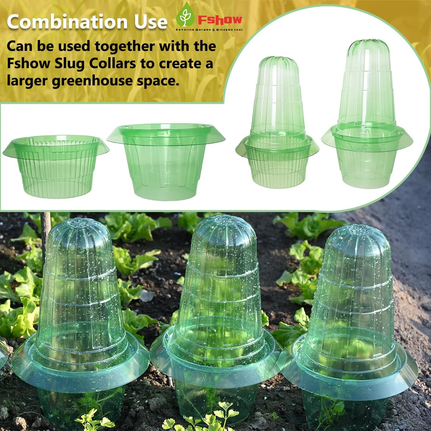 Fshow Upgraded Garden Cloches for Plants, Reusable Bell Plant Protector, Garden Protection from Animals Snails Birds Chickens Insect， Compatible with Slug Collar (Green 10 Pack)