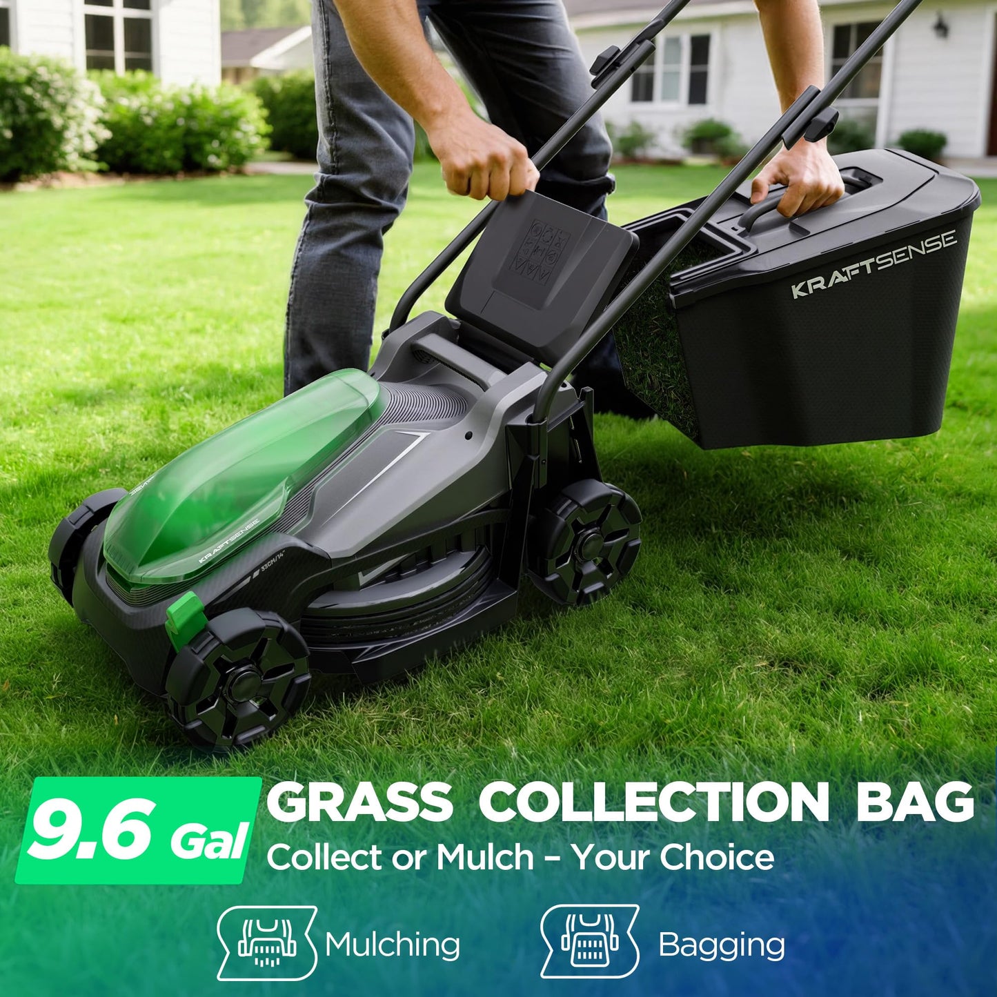 Kraftsense 14" Cordless Lawn Mower, 40V Lightweight Push Mower with 2×5.0Ah Battery, Ultra-Quiet Motor for Small Yards, Lawn Care, Backyard Maintenance