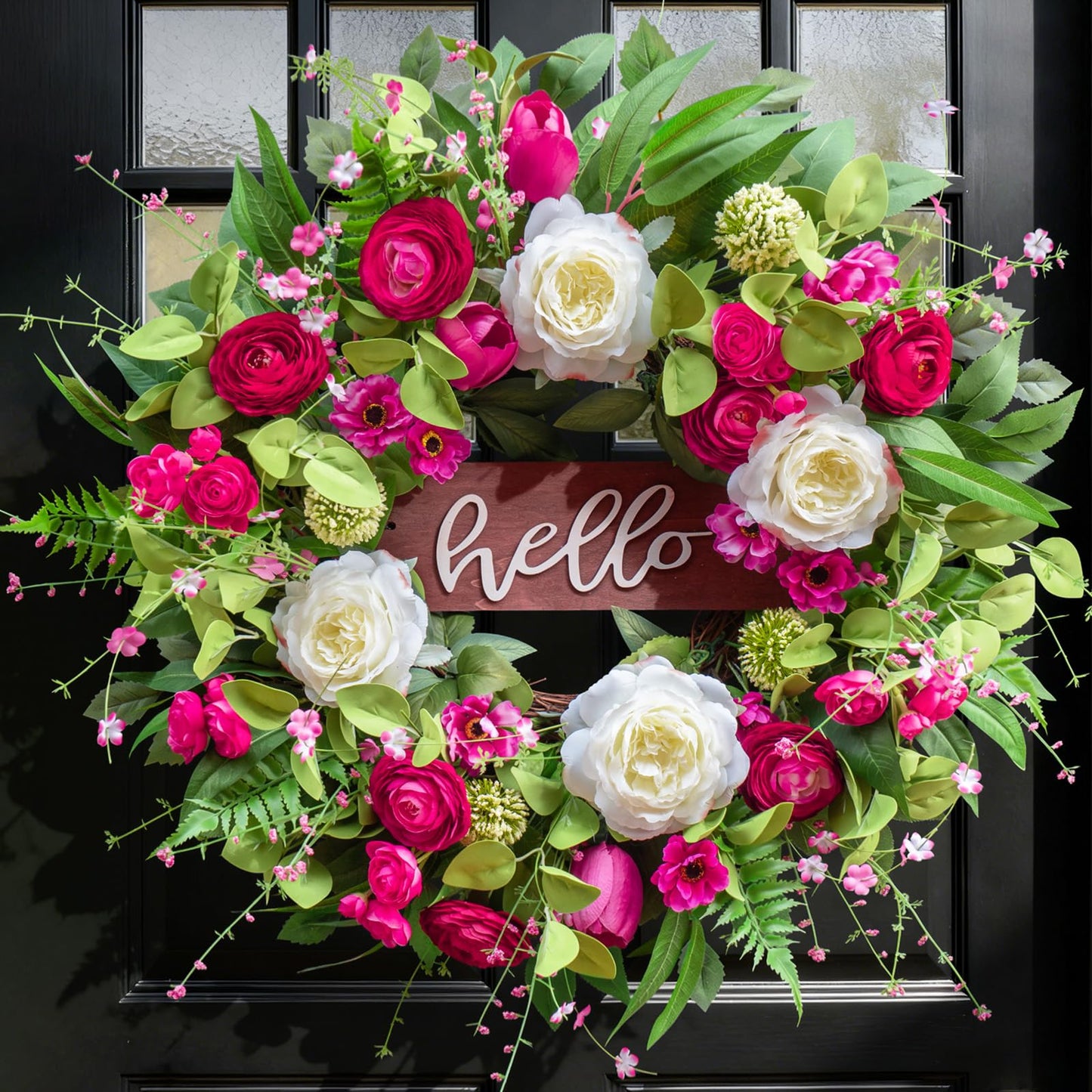 Pinkpuii Spring Wreaths for Front Door Outside– 24 Inch Spring Summer Wreath with Vibrant Pink Peony,Tulip & White Rose Flowers and Hello Wooden Sign,Ideal for Farnhouse Porch,Wall,Window Décor