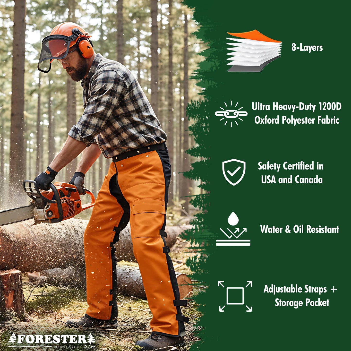 FORESTER Chainsaw Chaps for Men & Women | Apron Style Men's Chain Saw Chaps with Pocket & Adjustable Waist | Chainsaw Safety Equipment | Orange 37"