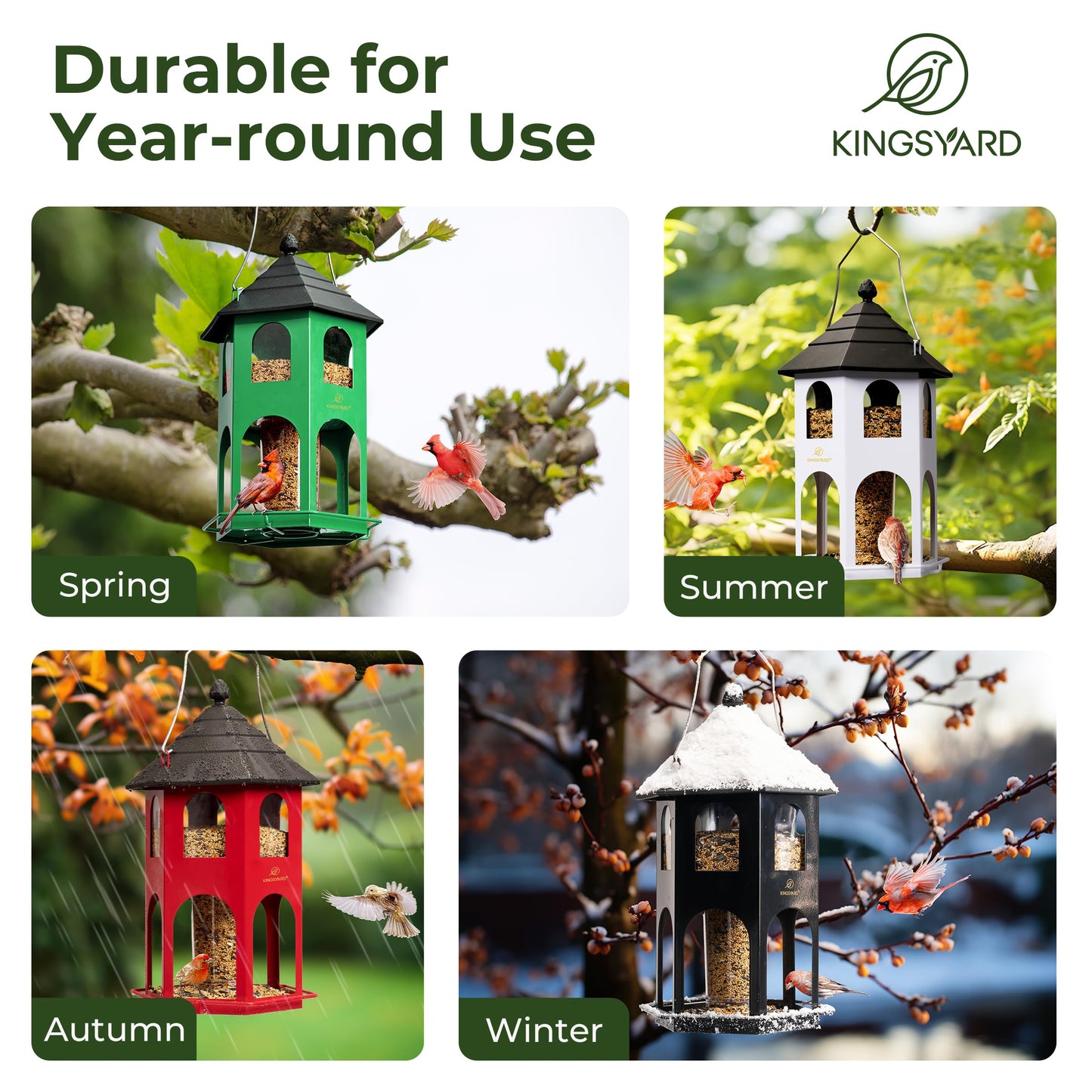 Kingsyard Metal Bird Feeder for Outdoor Hanging, Wild Bird Feeders with Circular Perch, Easy to Clean & Refill, 4 lbs Large Seed Capacity, White