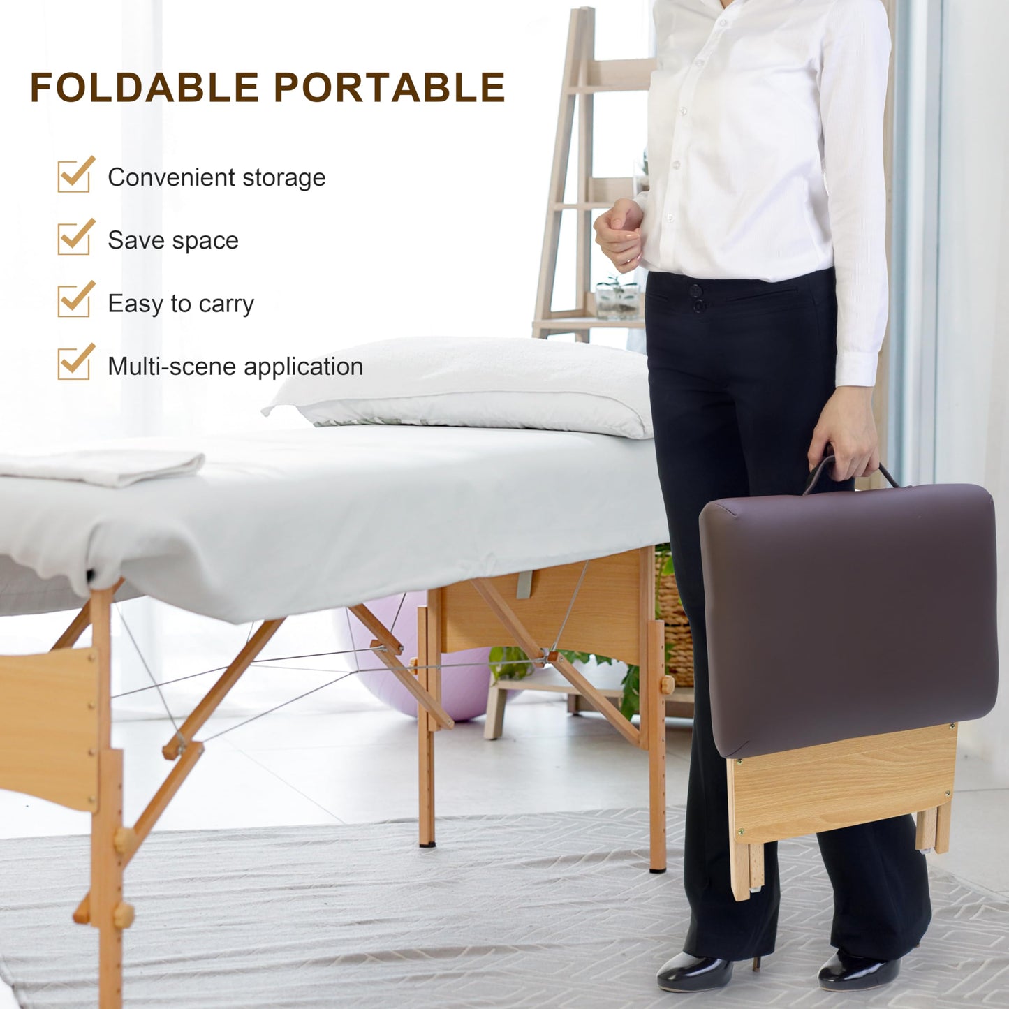 Elitzia Convenient Wooden Folding Stool SPA Beauty Salon Beautician PU Sponge Soft Hand-Held Portable Travel to Folding Low Stool Comfortable Working Wood Foldable Chair Home ET20646 (Coffee Colour)