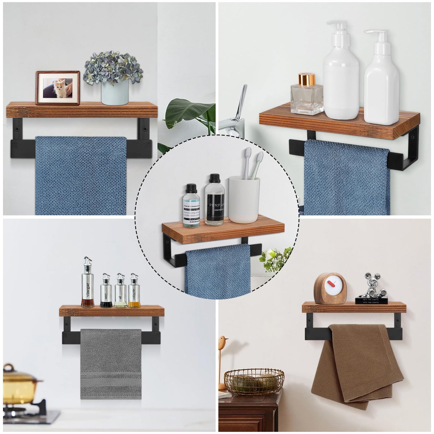 Winmien Hand Towel Holder/Towel Ring with Wooden Shelf, Hand Towel Rack, Hand Towel Hanger for Bathroom, Bath Accessories Wall Mounted, Matte Black (9"-Squ Shaped)