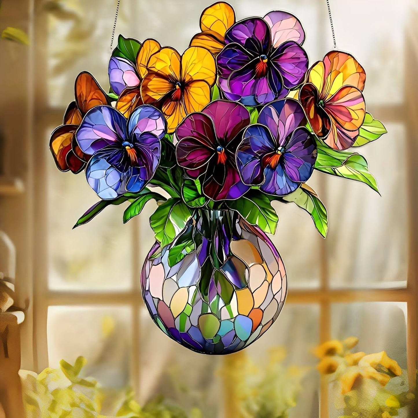 1PC Pansies in Vase Acrylic Suncatcher Hanging, 7.08 inch Window Decor with Printed Stained Glass Style Design, Rainbow Maker Wall Art, Gift Idea & Garden Ornament Indoor Outdoor Use/ZW-07
