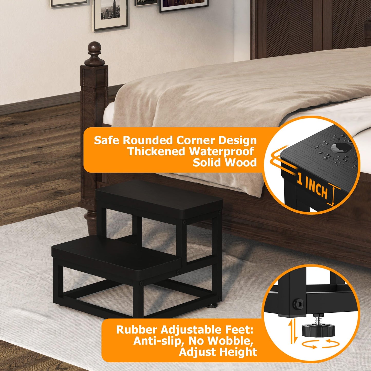 Step Stools for Adults Kids, Heavy Duty Stepping Stools Wooden Bed Step Stools for High Beds, Non-Slip 2 Bedside Foot Stool with 500 Lbs Capacity for Bedroom Kitchen Bathroom Outside, Easy Assembly