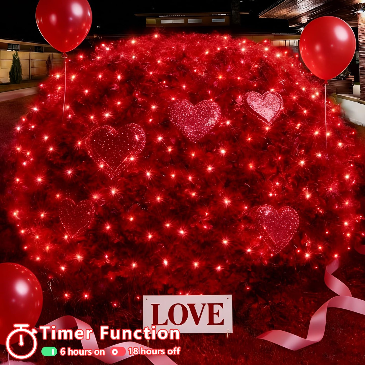YEGUO Net Lights Outdoor Mesh Lights, 12ft x 5ft 360 LED Red Valentine‘s Day Light Outdoor Waterproof, 8 Modes Connectable Clear Wire Christmas Bush Light Plug in