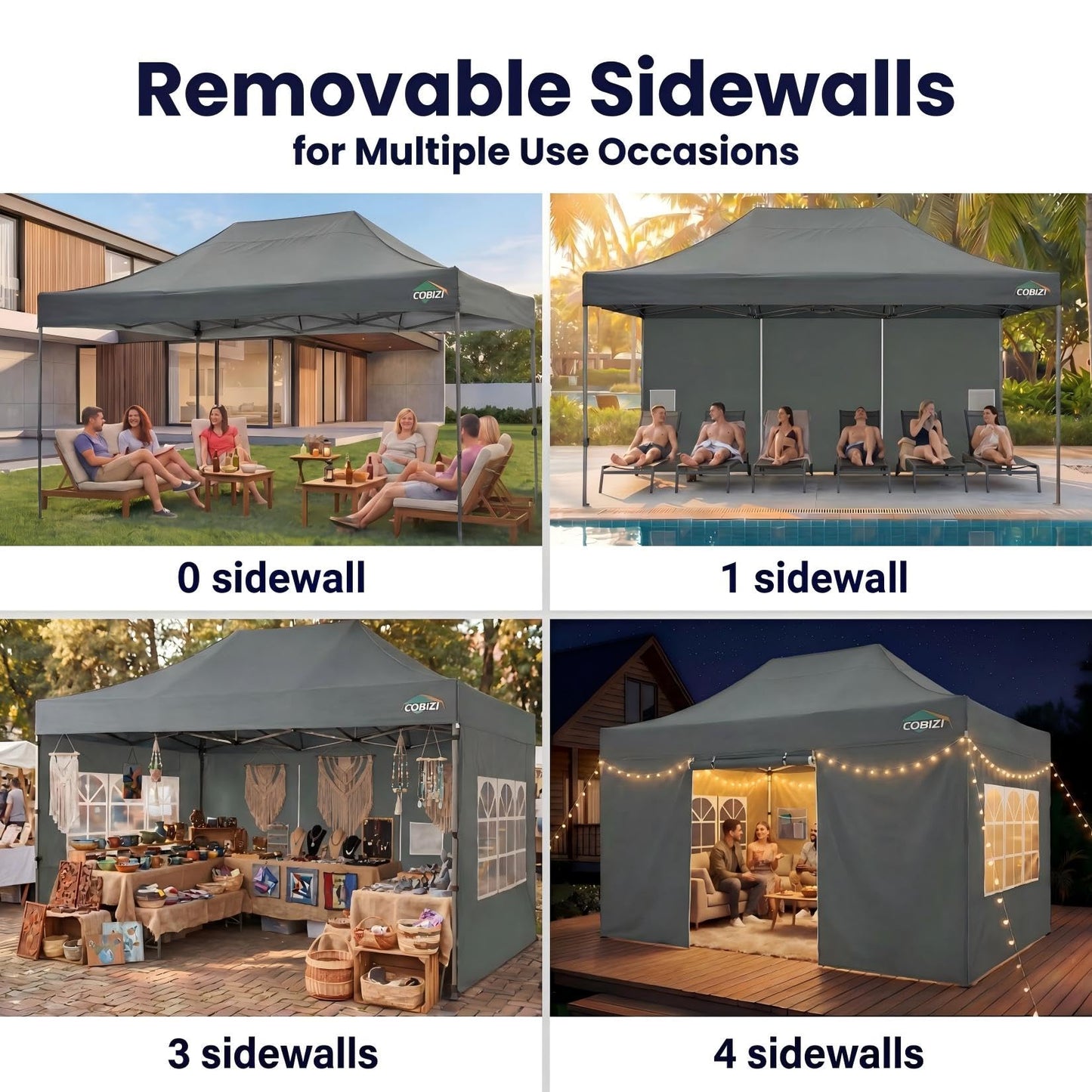 COBIZI 10x15 Pop up Canopy Tent 10x15 Canopy with 4 Sidewalls Waterproof Heavy Duty Commercial Canopy for Parties Outdoor Garden Gazebo Tent, Carry Bag(10x15ft, Gray)